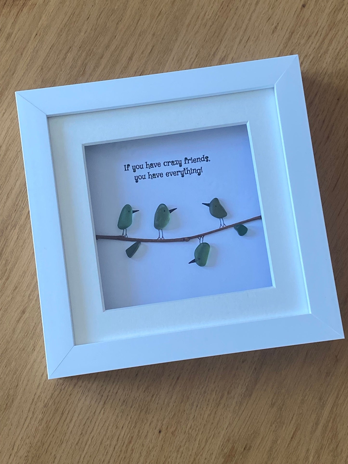 Crazy Friends Sea Glass Picture, Personalised Gift for Friend, Sea Glass Birds Picture, Unique Sea Glass Gift, Pebble Artwork for a Friend