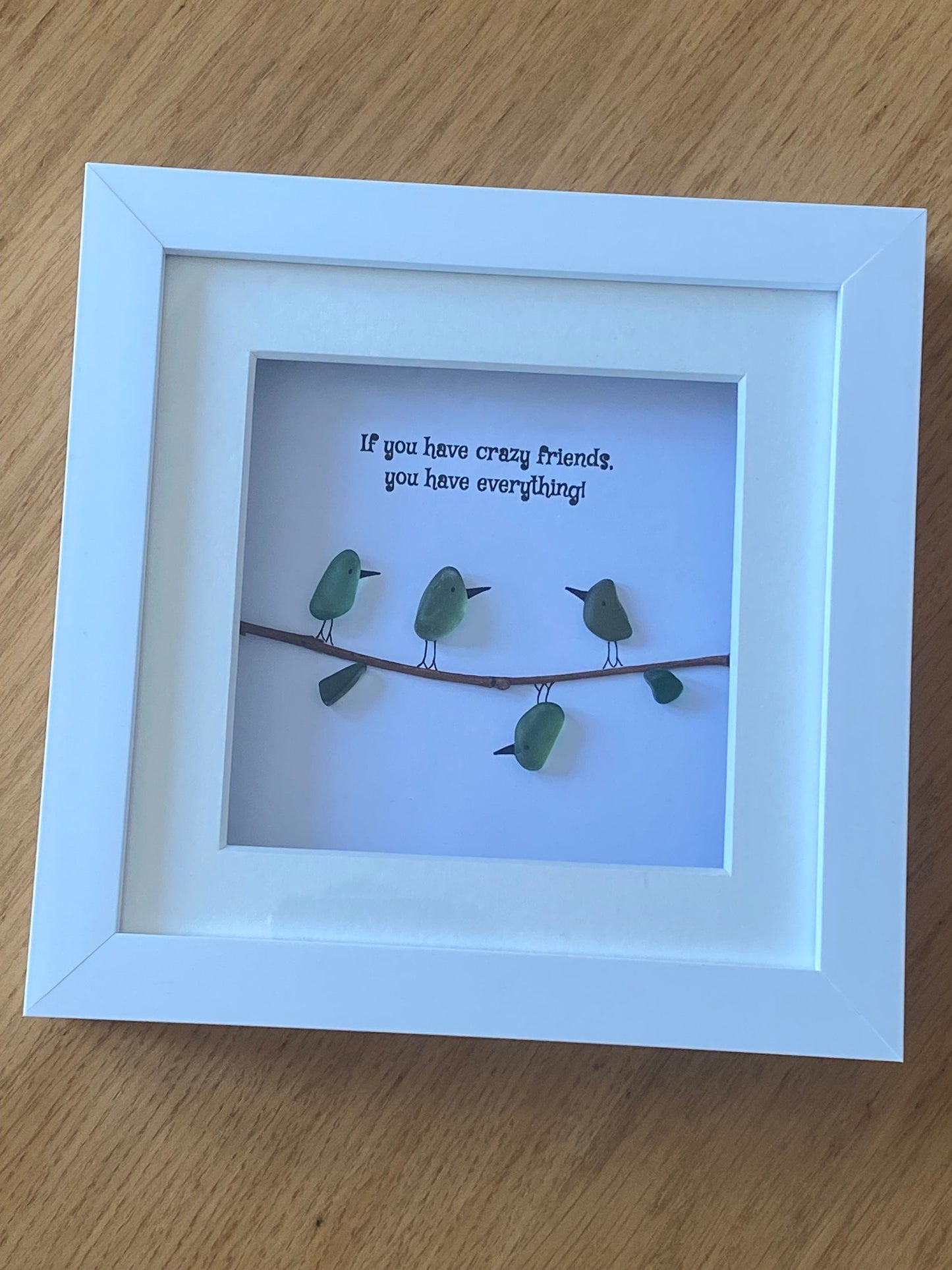 Crazy Friends Sea Glass Picture, Personalised Gift for Friend, Sea Glass Birds Picture, Unique Sea Glass Gift, Pebble Artwork for a Friend