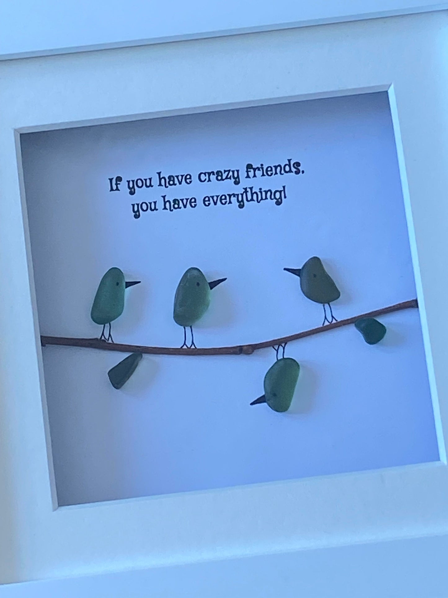 Crazy Friends Sea Glass Picture, Personalised Gift for Friend, Sea Glass Birds Picture, Unique Sea Glass Gift, Pebble Artwork for a Friend