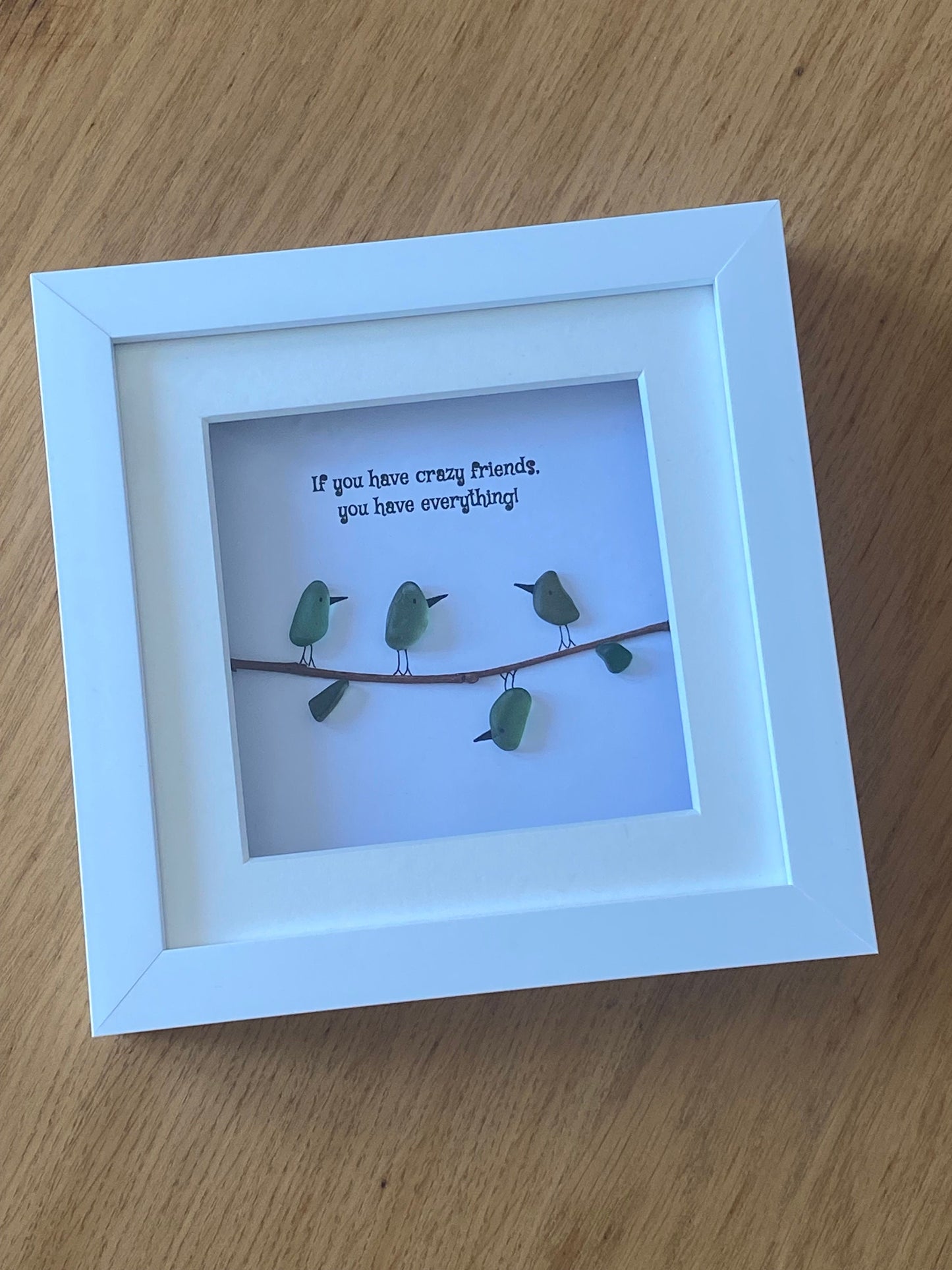 Crazy Friends Sea Glass Picture, Personalised Gift for Friend, Sea Glass Birds Picture, Unique Sea Glass Gift, Pebble Artwork for a Friend
