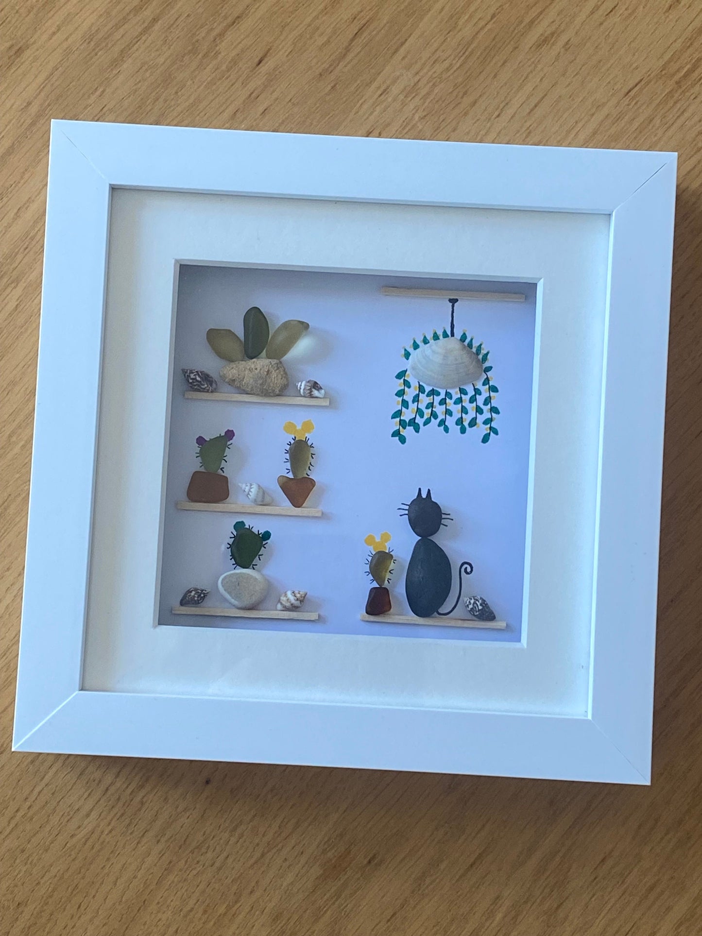Cacti Pebble and Sea Glass Picture, Unique Gift with Cactus, Pictures with Cactus, Cacti and Cats Artwork, Sea Glass Artwork