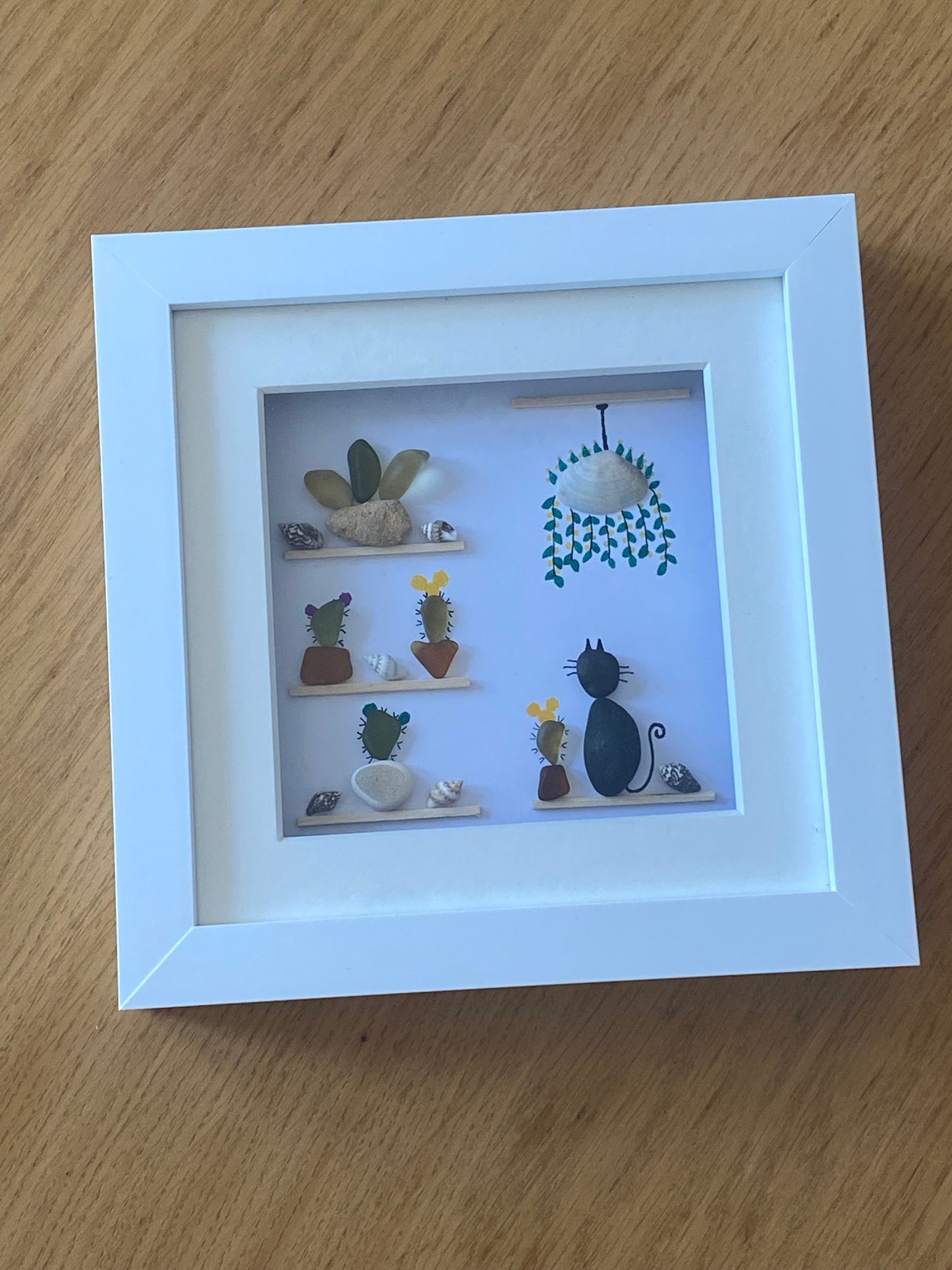Cacti Pebble and Sea Glass Picture, Unique Gift with Cactus, Pictures with Cactus, Cacti and Cats Artwork, Sea Glass Artwork