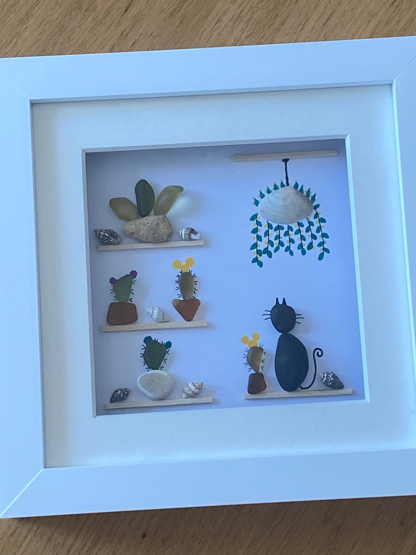 Cacti Pebble and Sea Glass Picture, Unique Gift with Cactus, Pictures with Cactus, Cacti and Cats Artwork, Sea Glass Artwork
