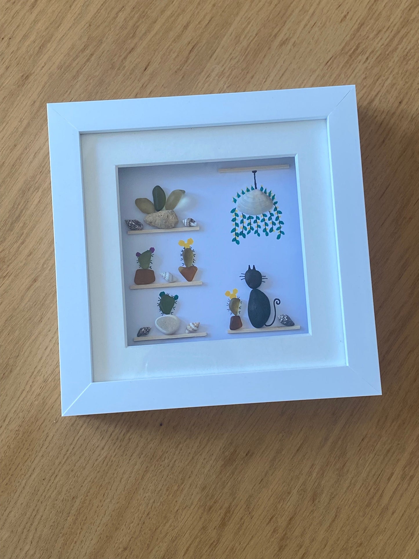 Cacti Pebble and Sea Glass Picture, Unique Gift with Cactus, Pictures with Cactus, Cacti and Cats Artwork, Sea Glass Artwork