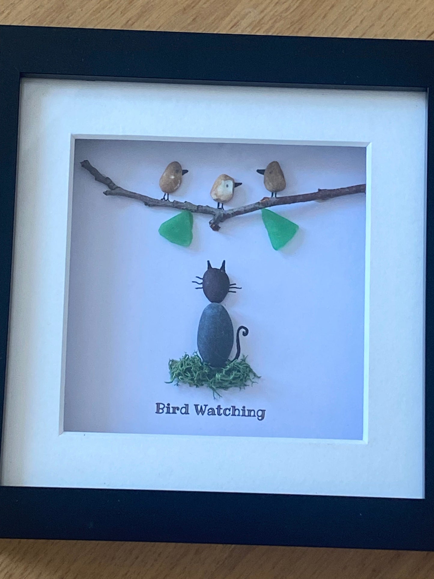 Bird Watching Pebble Picture, Cat Memorial Gift, Cat Bereavement Picture, Pebble Artwork with Bird and Cats, Unique Gift for Cat Lover