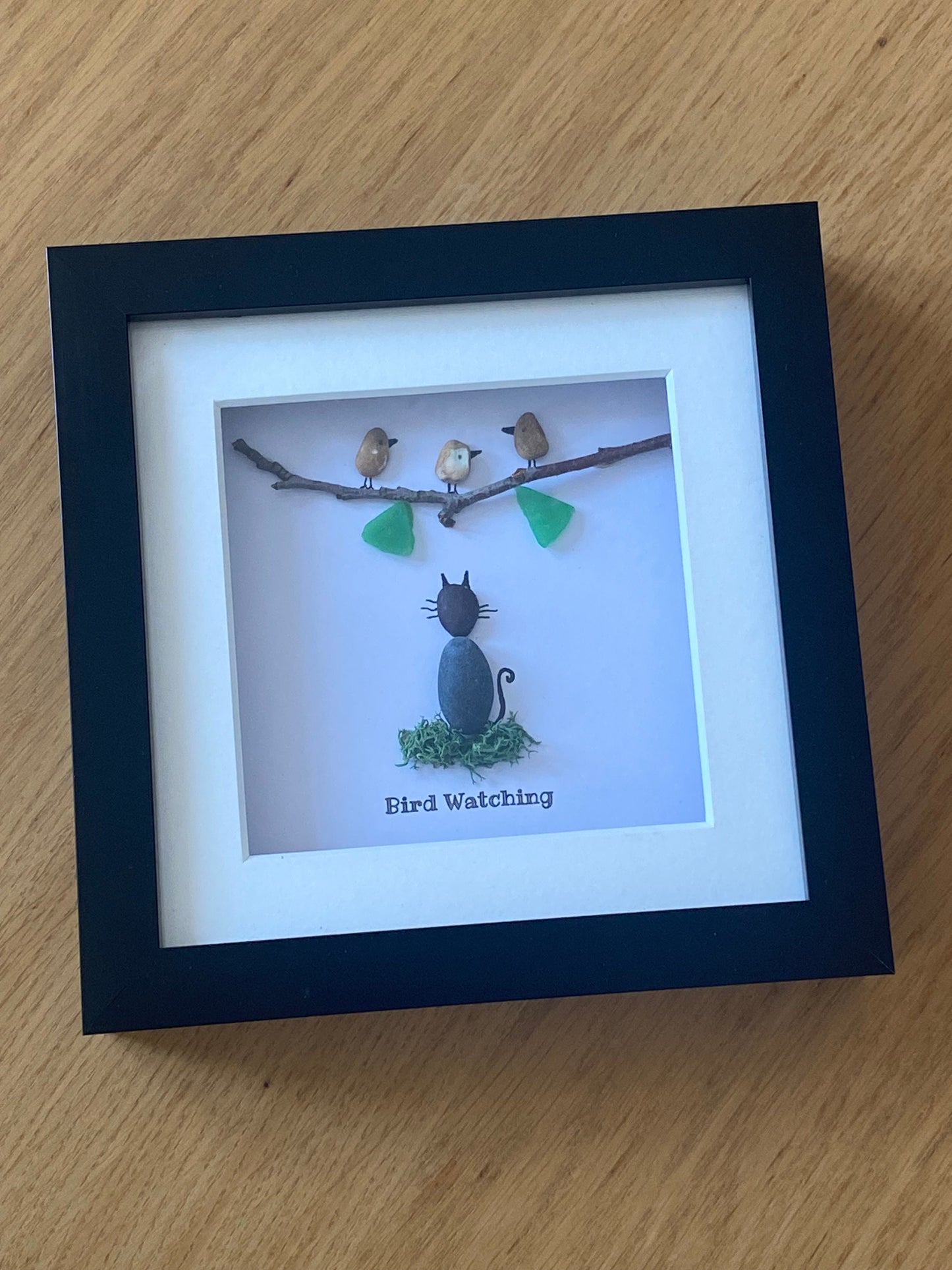 Bird Watching Pebble Picture, Cat Memorial Gift, Cat Bereavement Picture, Pebble Artwork with Bird and Cats, Unique Gift for Cat Lover