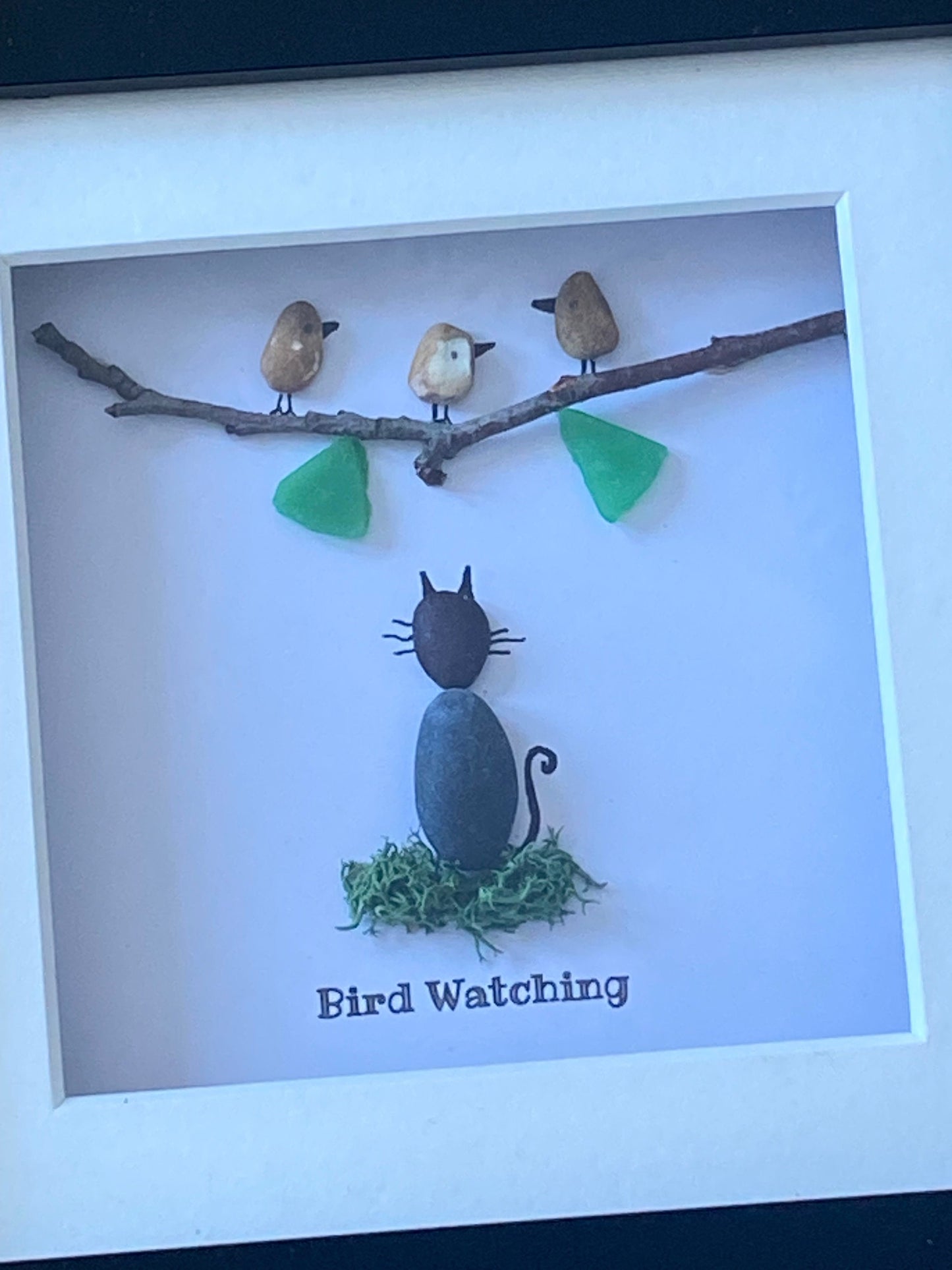 Bird Watching Pebble Picture, Cat Memorial Gift, Cat Bereavement Picture, Pebble Artwork with Bird and Cats, Unique Gift for Cat Lover