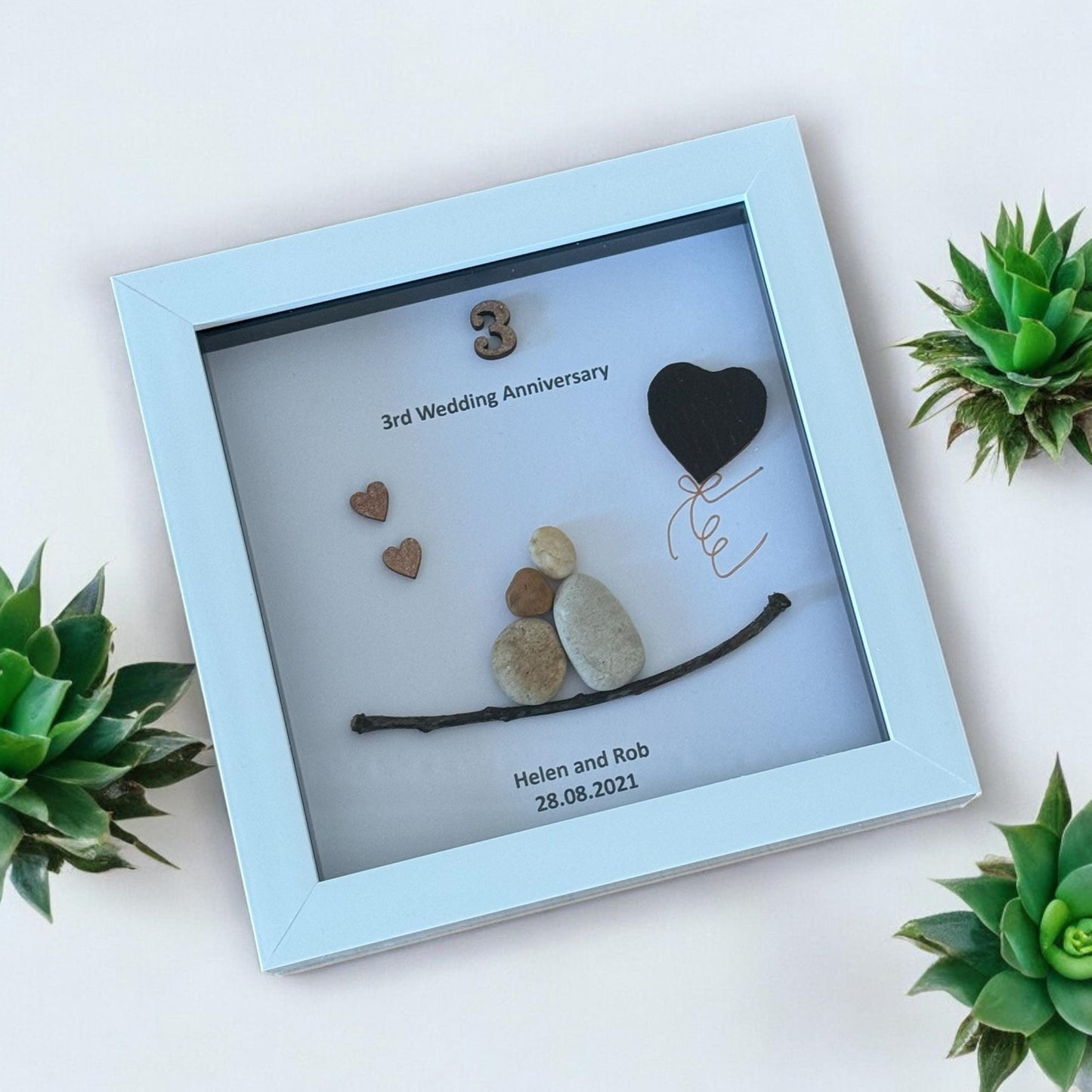 Leather Wedding Anniversary Gift, 3rd Wedding Anniversary Pebble Picture, 3rd Anniversary Gift for Husband, Personalised Wedding Gift