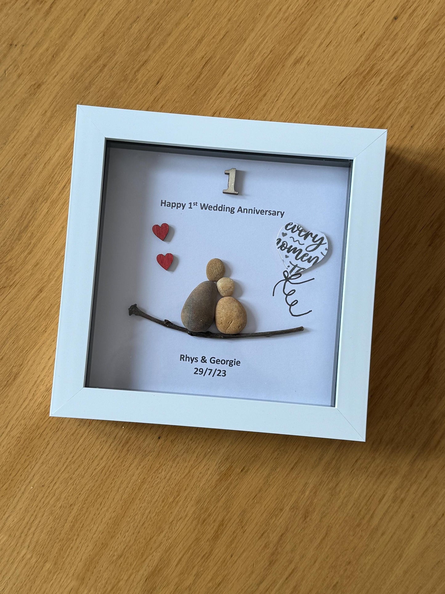 First Wedding Anniversary Pebble Artwork Frame, Paper Wedding Anniversary Gift, Personalised 1st Wedding Anniversary Gift