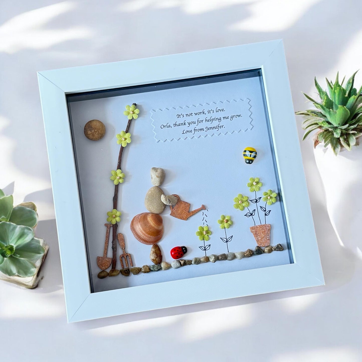 Gardening Pebble Picture, Personalised Retirement Gift, Thank You Gift, Nature Lover Pebble Frame, Gardening Theme Gift