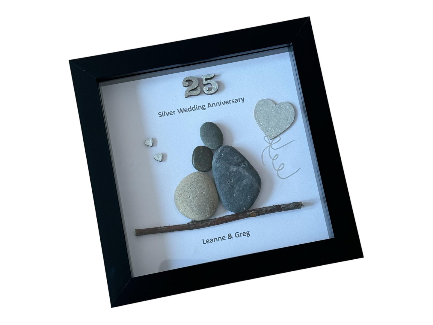 Silver Wedding Anniversary Gift, 25th Anniversary Gift, Wedding Gifts, Silver Anniversary Pebble Artwork Frame, Silver Anniversary Frame