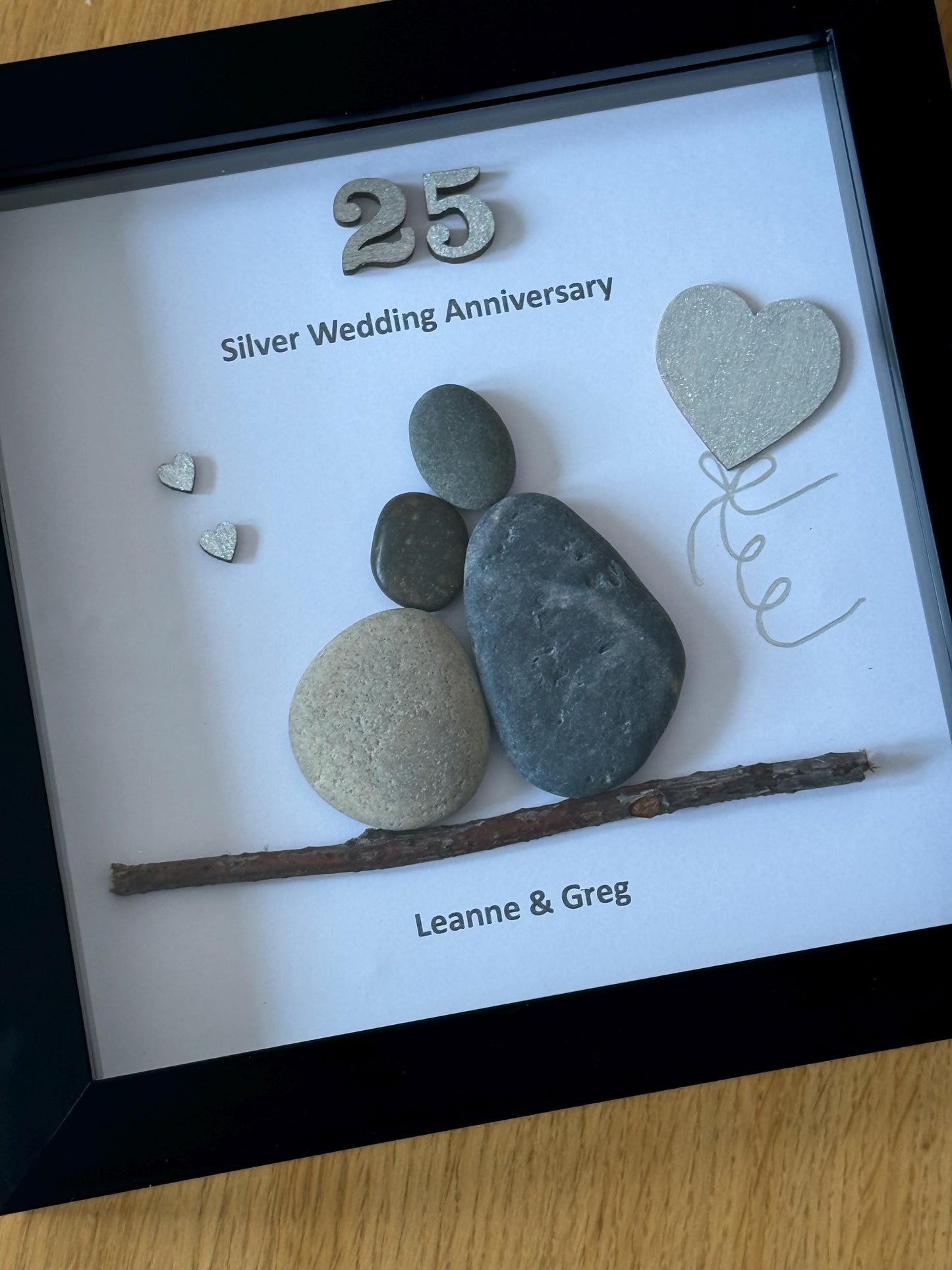 Silver Wedding Anniversary Gift, 25th Anniversary Gift, Wedding Gifts, Silver Anniversary Pebble Artwork Frame, Silver Anniversary Frame