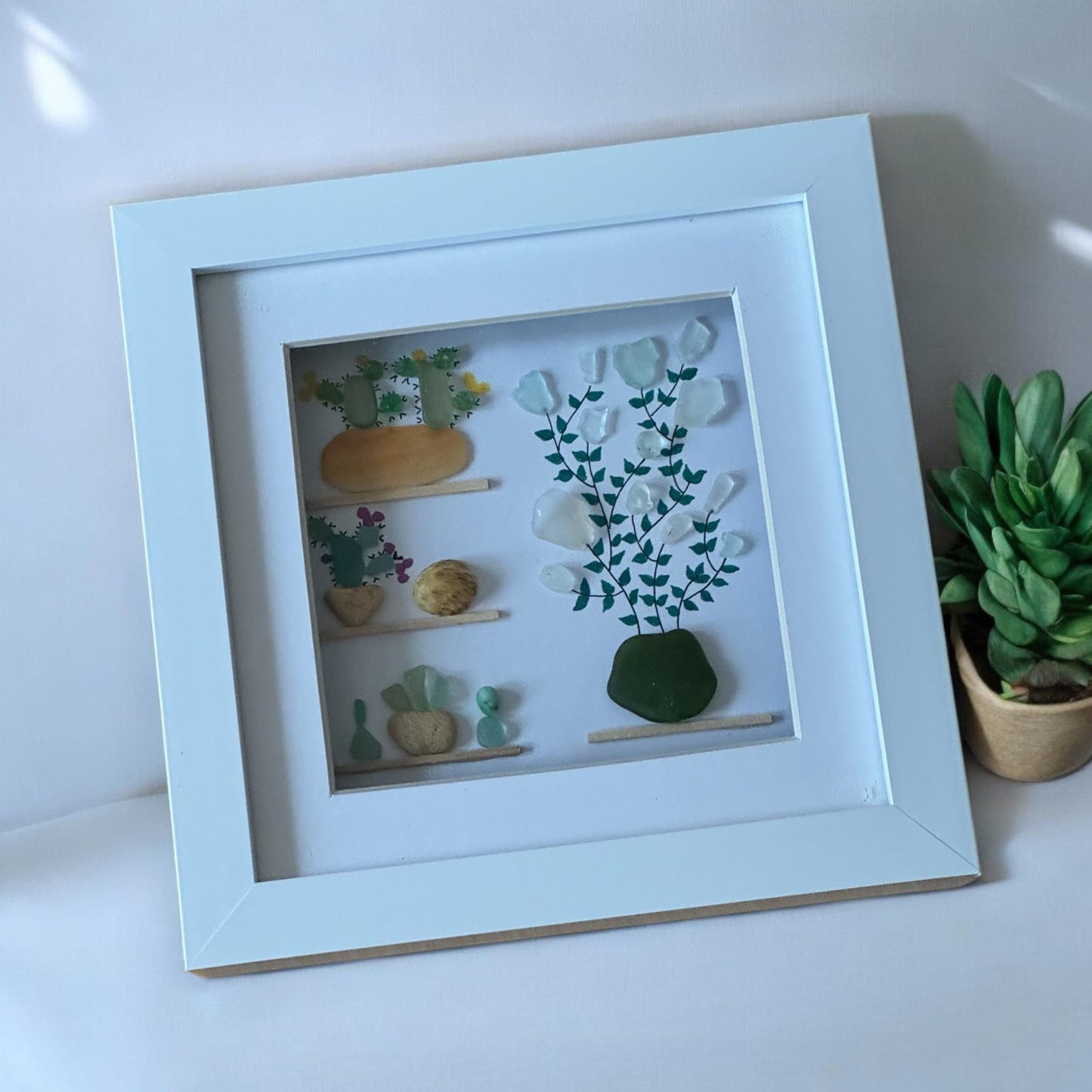 Cacti Sea Glass Picture, Picture with Sea Glass Cactus, Sea Glass Pictures, Unique Gifts for Her, Handmade Gift for a Friend, Birthday Gifts