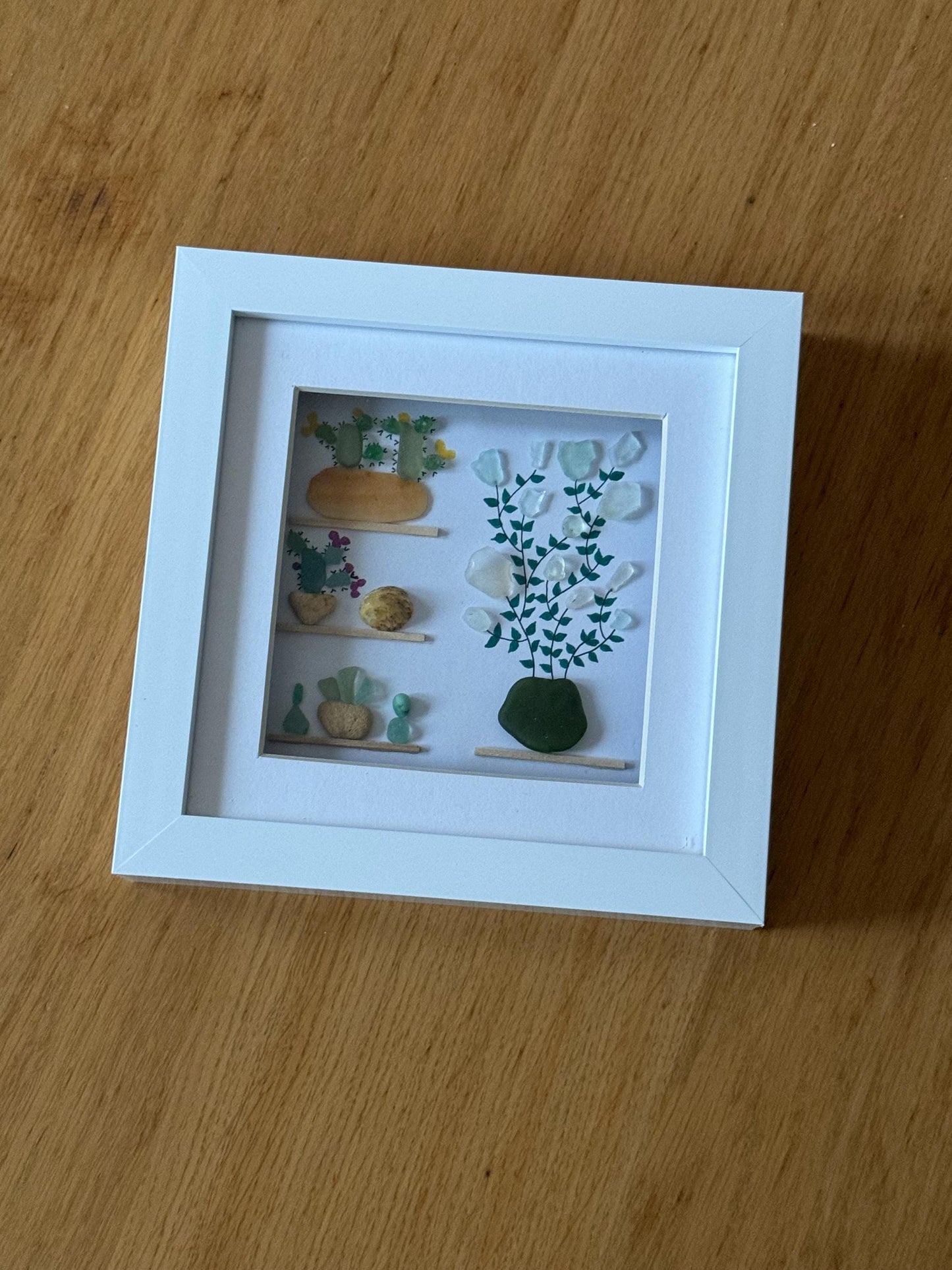 Cacti Sea Glass Picture, Picture with Sea Glass Cactus, Sea Glass Pictures, Unique Gifts for Her, Handmade Gift for a Friend, Birthday Gifts