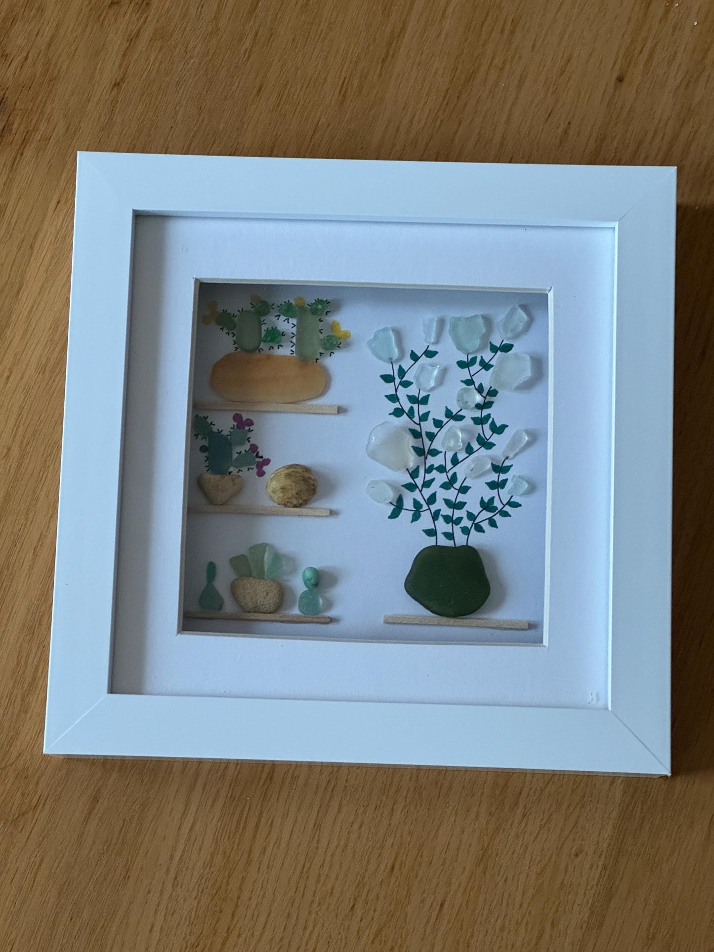 Cacti Sea Glass Picture, Picture with Sea Glass Cactus, Sea Glass Pictures, Unique Gifts for Her, Handmade Gift for a Friend, Birthday Gifts