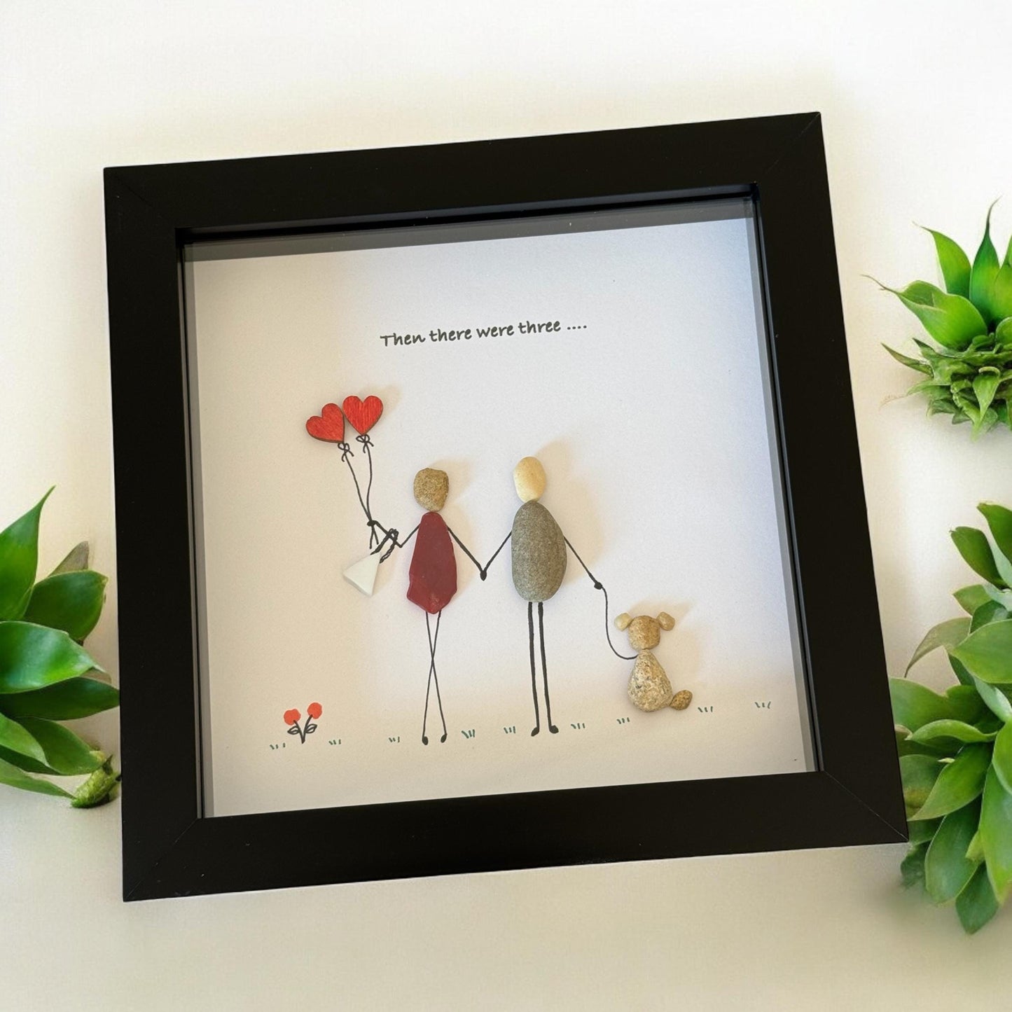 Personalised Couple with Dog Pebble Picture, Couple with Dog Unique Gift, Handmade Pebble Artwork for Couple, Family of Three Gift