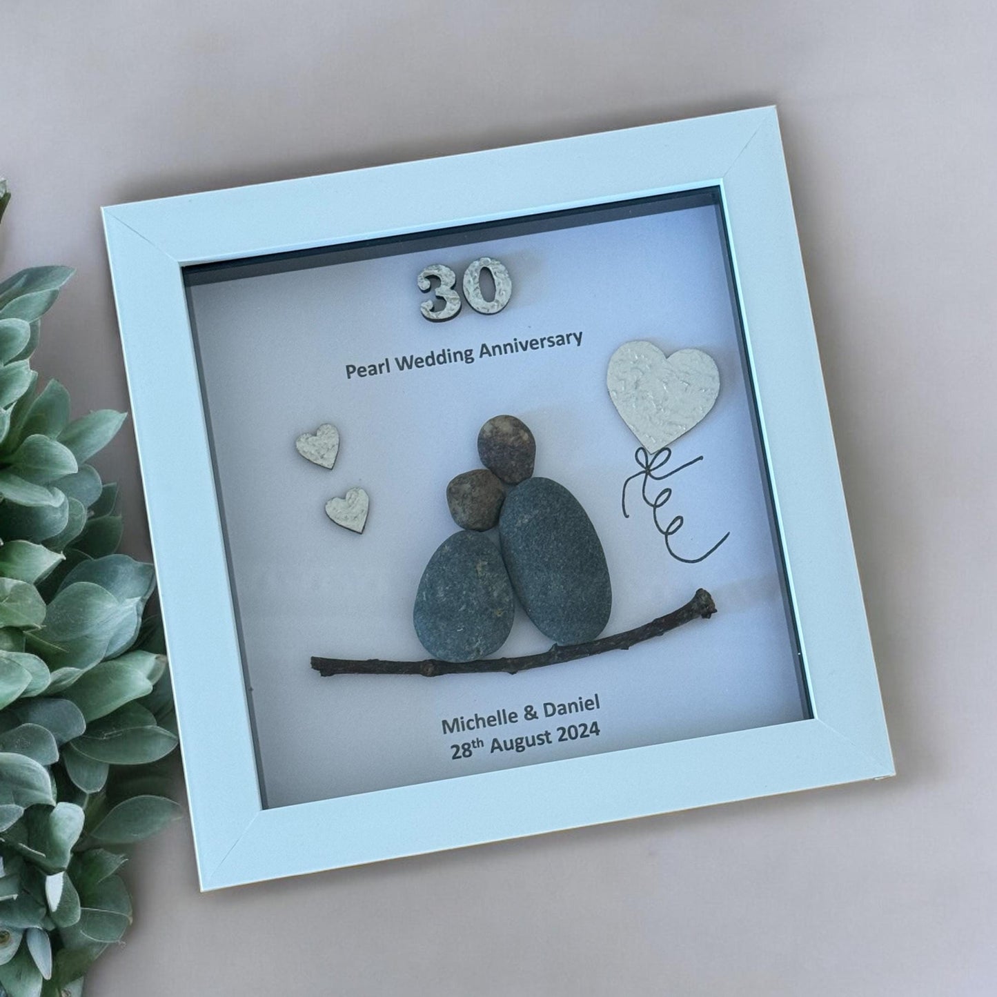 Pearl Wedding Anniversary, 30th Wedding Anniversary Gift, Wedding Anniversary Pebble Artwork, Personalised Pebble Frame