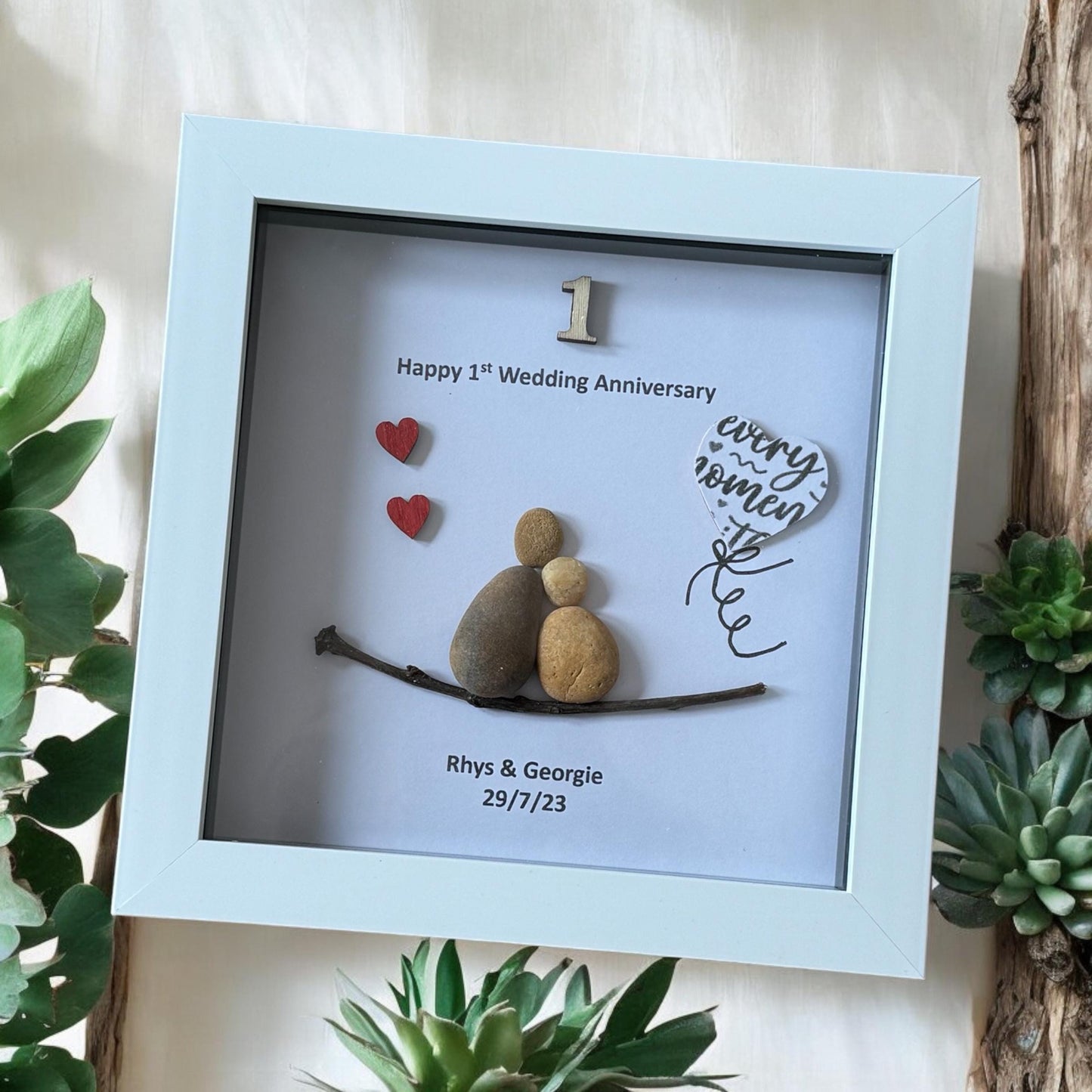 First Wedding Anniversary Pebble Artwork Frame, Paper Wedding Anniversary Gift, Personalised 1st Wedding Anniversary Gift