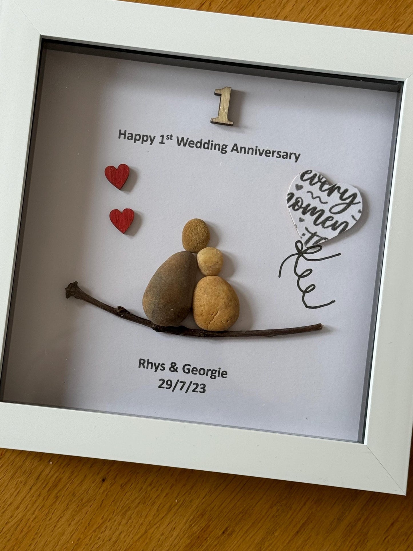First Wedding Anniversary Pebble Artwork Frame, Paper Wedding Anniversary Gift, Personalised 1st Wedding Anniversary Gift