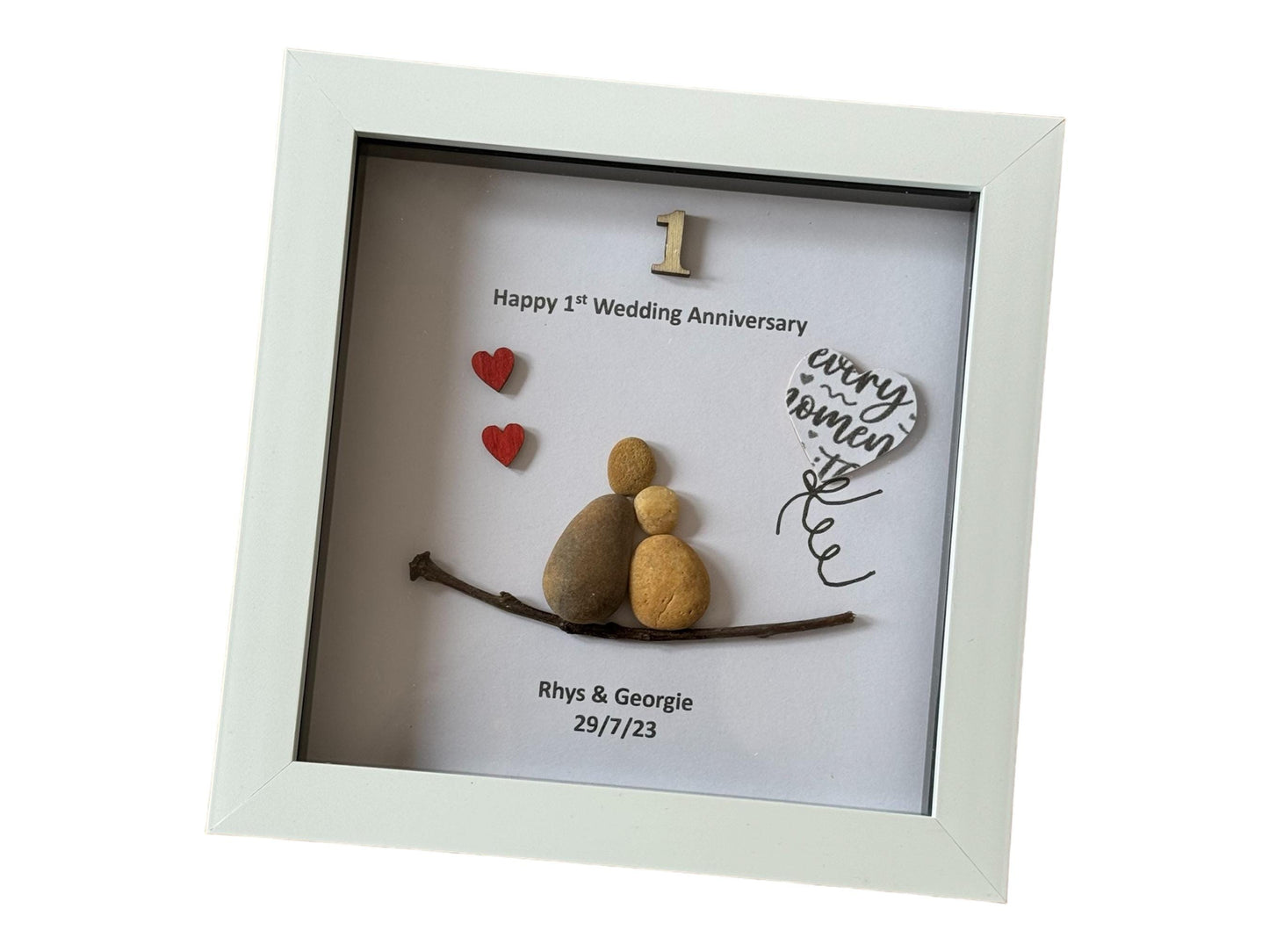 First Wedding Anniversary Pebble Artwork Frame, Paper Wedding Anniversary Gift, Personalised 1st Wedding Anniversary Gift