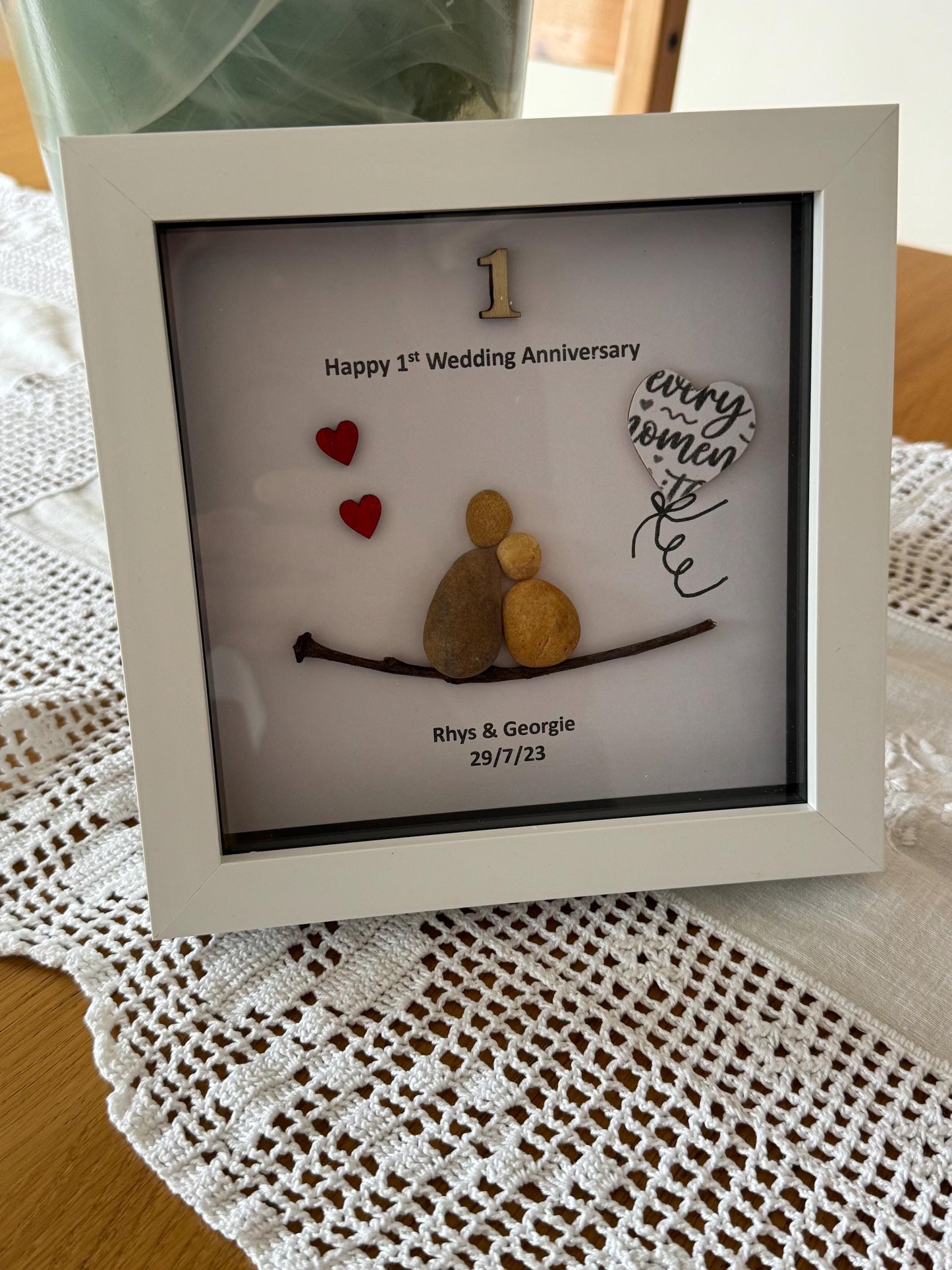 First Wedding Anniversary Pebble Artwork Frame, Paper Wedding Anniversary Gift, Personalised 1st Wedding Anniversary Gift