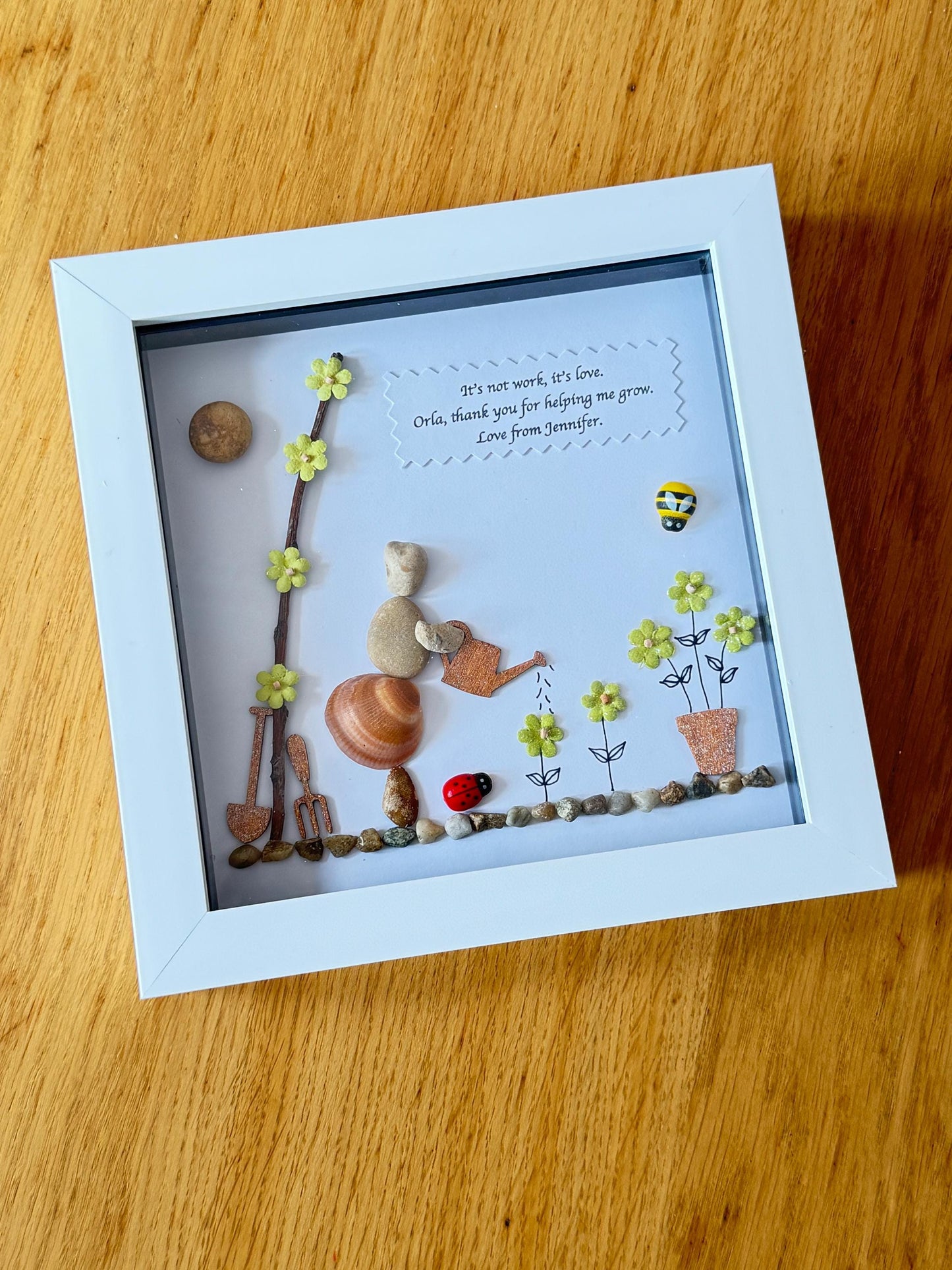 Gardening Pebble Picture, Personalised Retirement Gift, Thank You Gift, Nature Lover Pebble Frame, Gardening Theme Gift