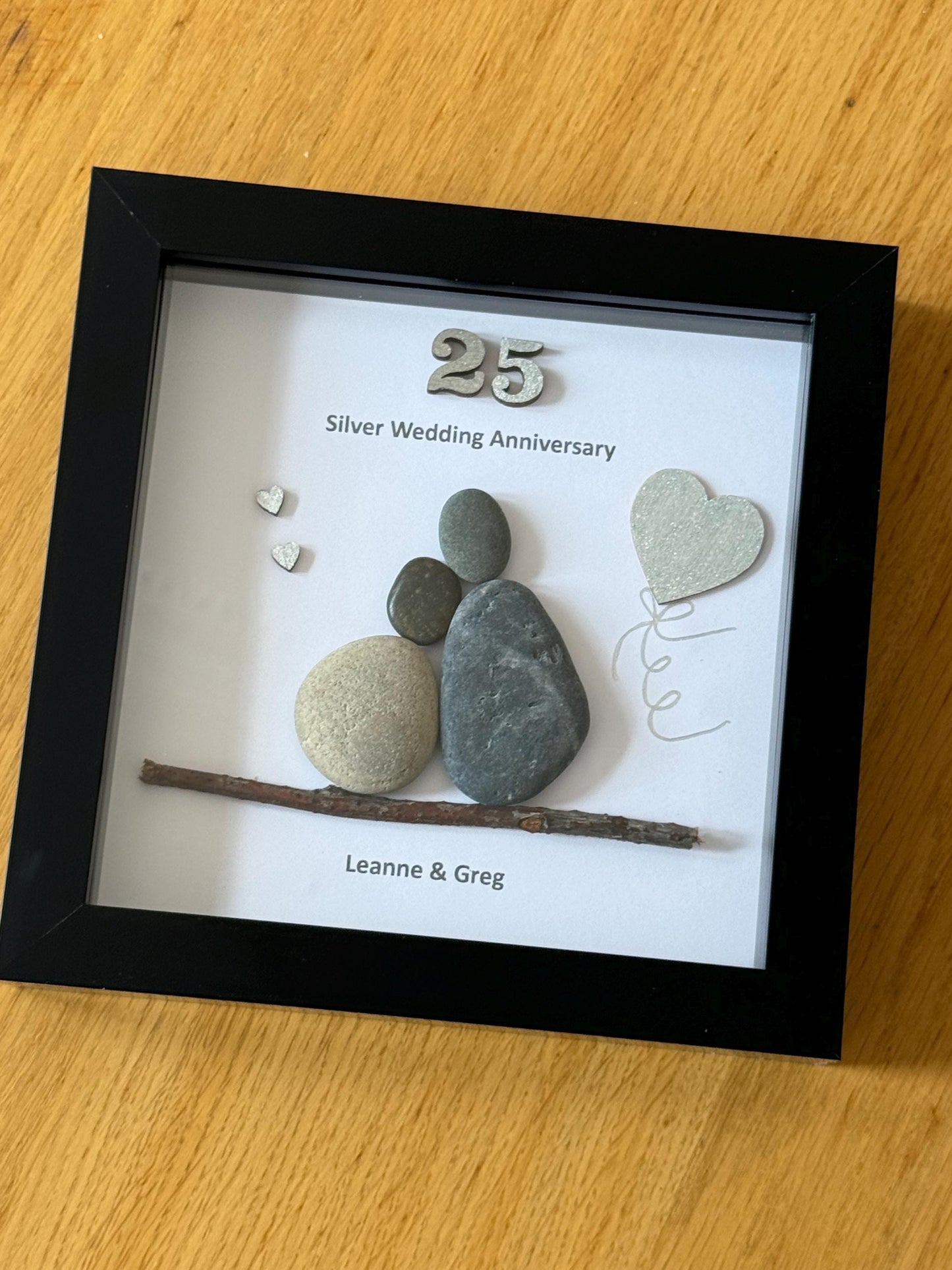 Silver Wedding Anniversary Gift, 25th Anniversary Gift, Wedding Gifts, Silver Anniversary Pebble Artwork Frame, Silver Anniversary Frame