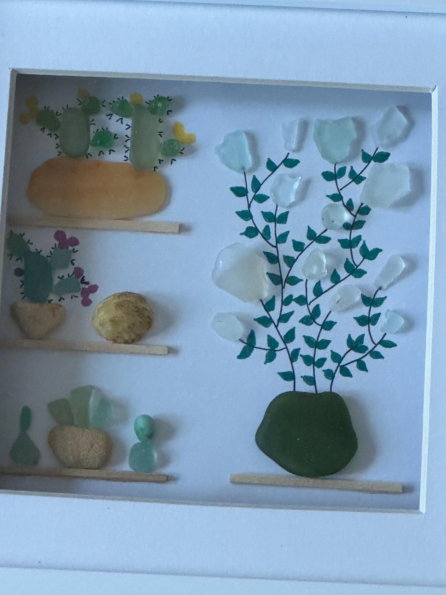 Cacti Sea Glass Picture, Picture with Sea Glass Cactus, Sea Glass Pictures, Unique Gifts for Her, Handmade Gift for a Friend, Birthday Gifts