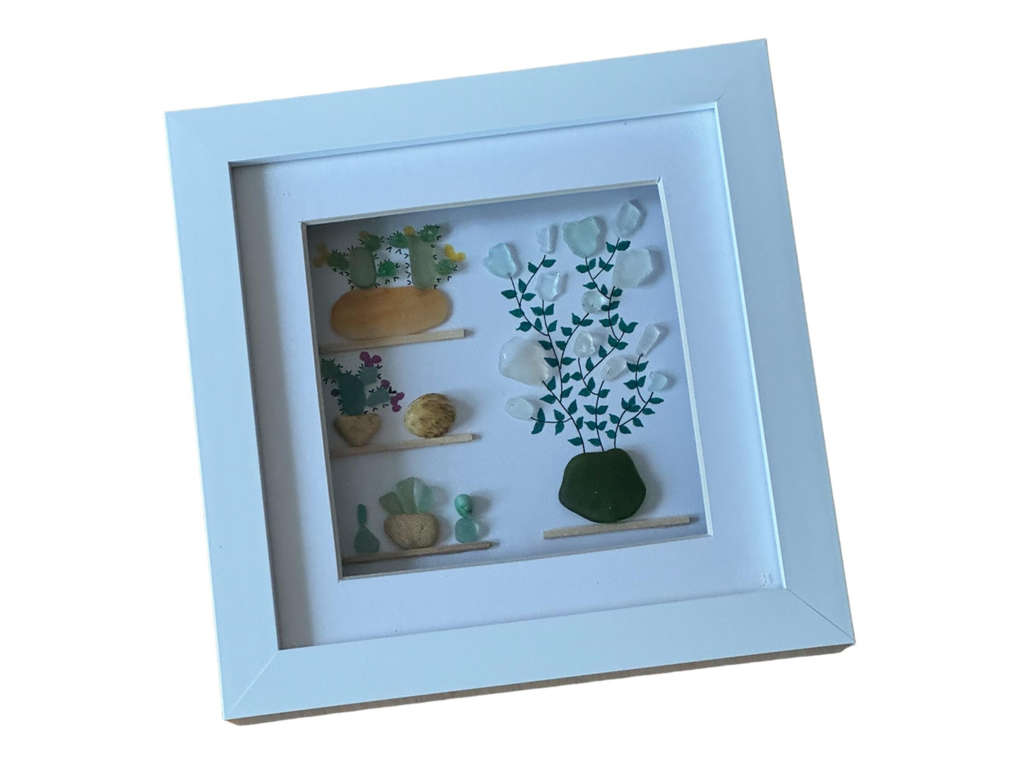 Cacti Sea Glass Picture, Picture with Sea Glass Cactus, Sea Glass Pictures, Unique Gifts for Her, Handmade Gift for a Friend, Birthday Gifts