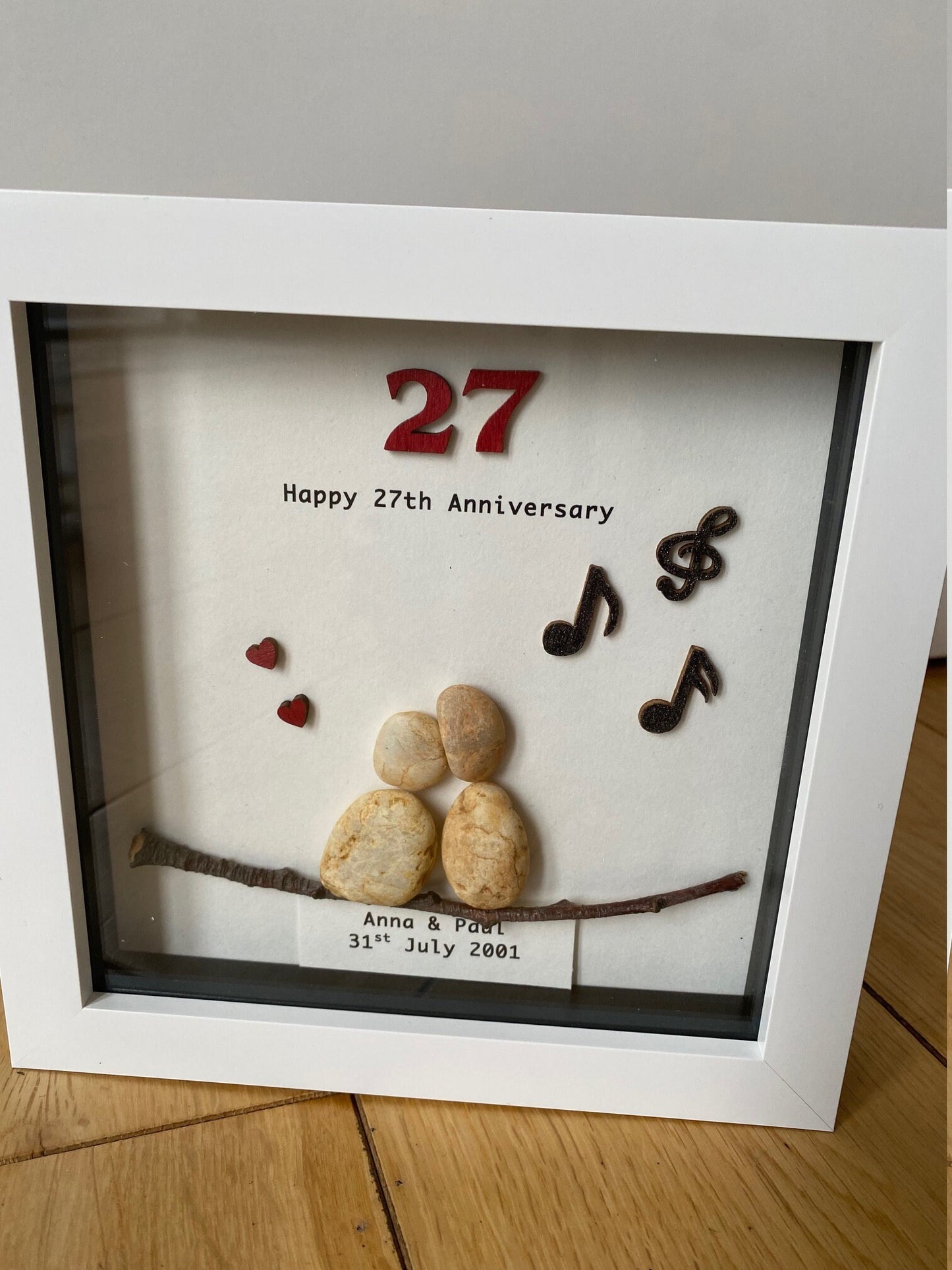 27th Wedding Anniversary Pebble Artwork Frame, Handmade Wedding Anniversary Gift, Music Theme Wedding Gift