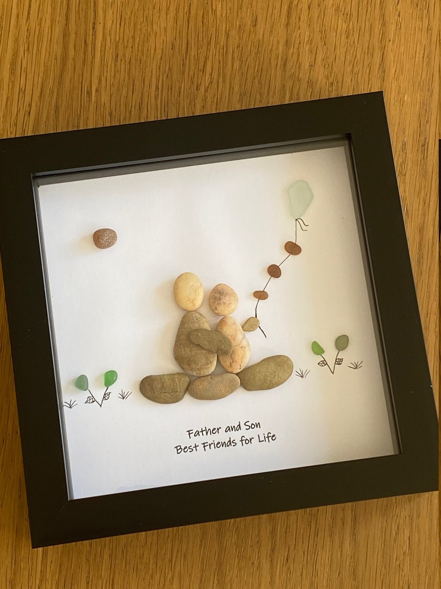 Personalised Family Father & Son Pebble Picture, Sea Glass Father's Day Gift, Sea Glass and Pebble Art, Pebble Artwork Gift for Daddy