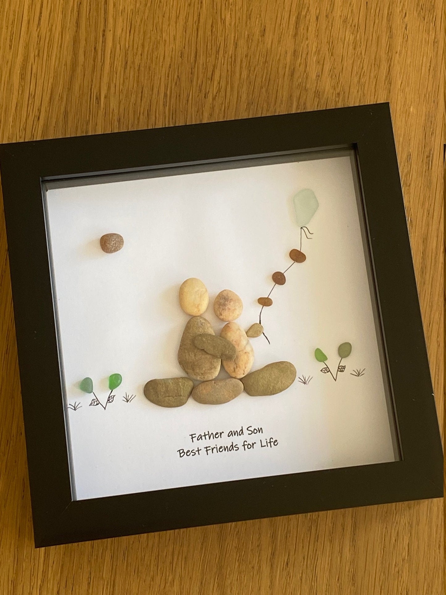 Personalised Family Father & Son Pebble Picture, Sea Glass Father's Day Gift, Sea Glass and Pebble Art, Pebble Artwork Gift for Daddy