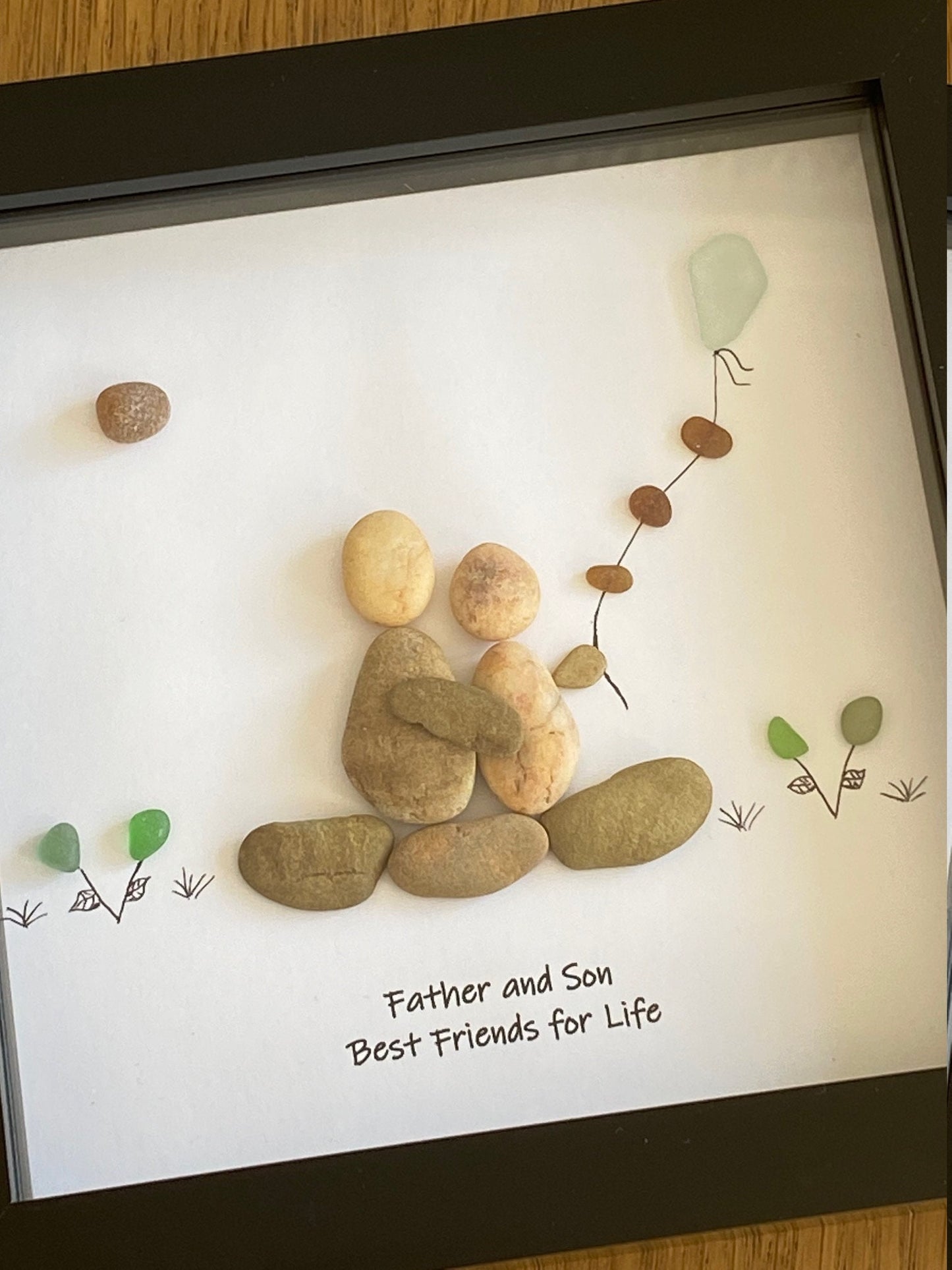 Personalised Family Father & Son Pebble Picture, Sea Glass Father's Day Gift, Sea Glass and Pebble Art, Pebble Artwork Gift for Daddy
