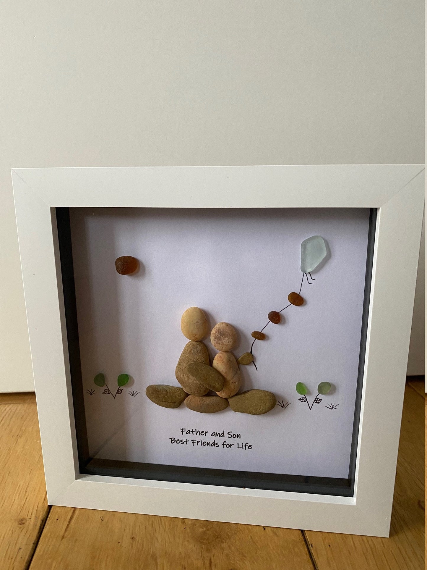 Personalised Family Father & Son Pebble Picture, Sea Glass Father's Day Gift, Sea Glass and Pebble Art, Pebble Artwork Gift for Daddy