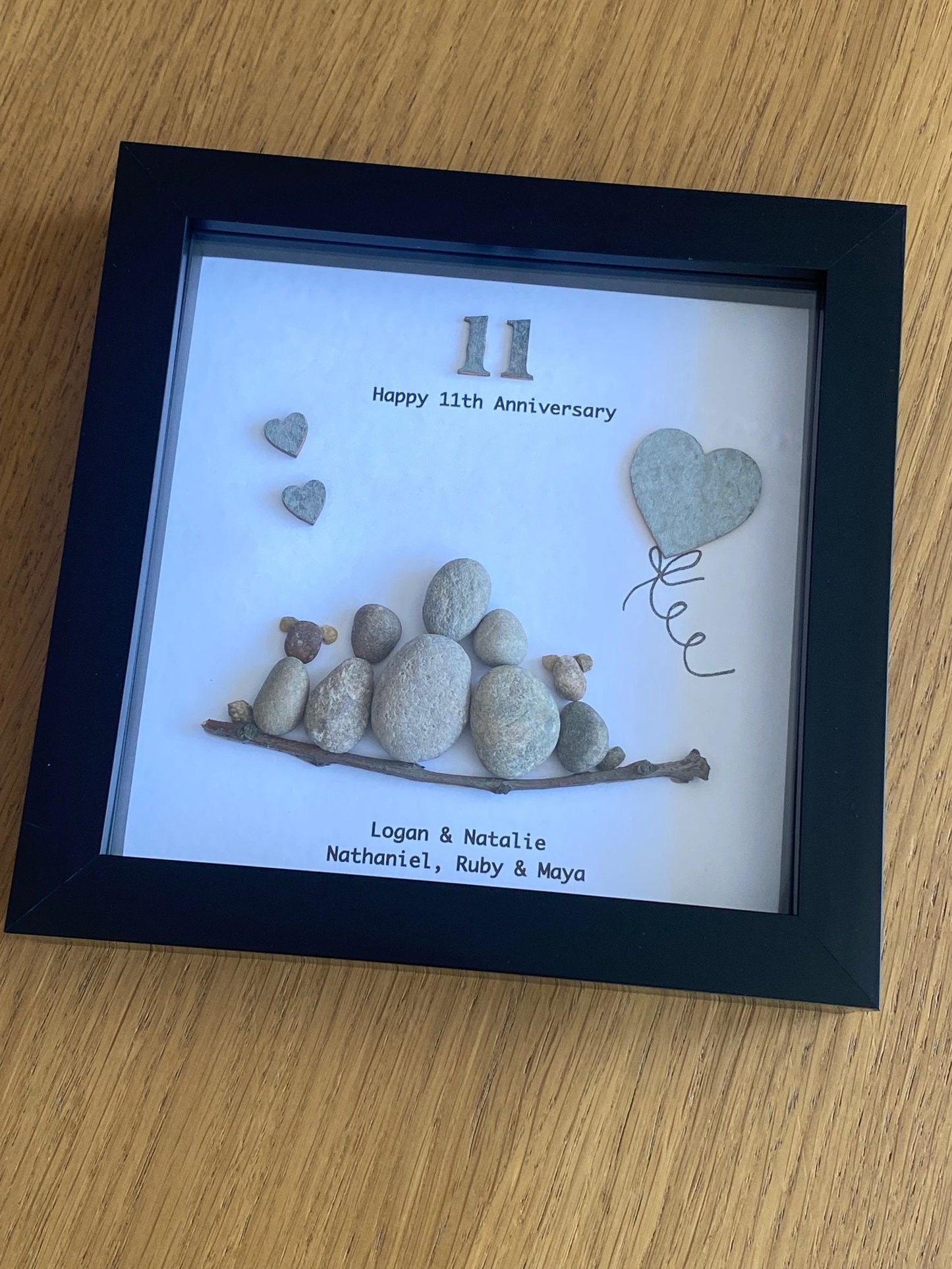 11th Wedding Anniversary Gift, Steel Anniversary Pebble Frame, Family Wedding Anniversary Gift, Handmade Pebble Artwork Frame