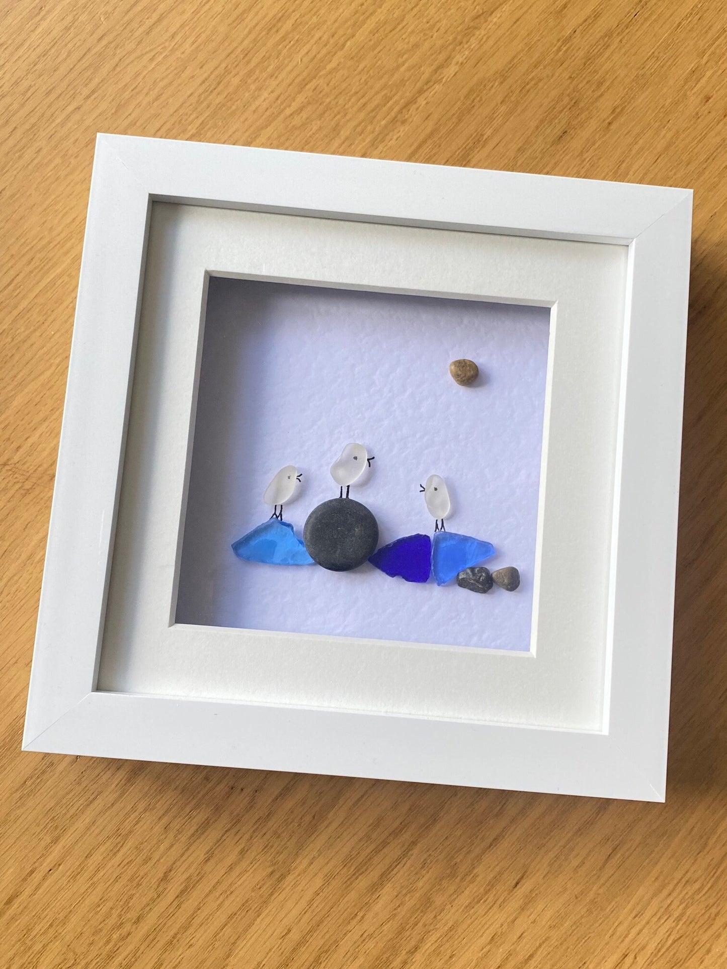Sea Glass Birds on Rocks, Personalised Sea Glass Birds Picture, Unique Sea Glass Birds Gift, Love Birds by the shore