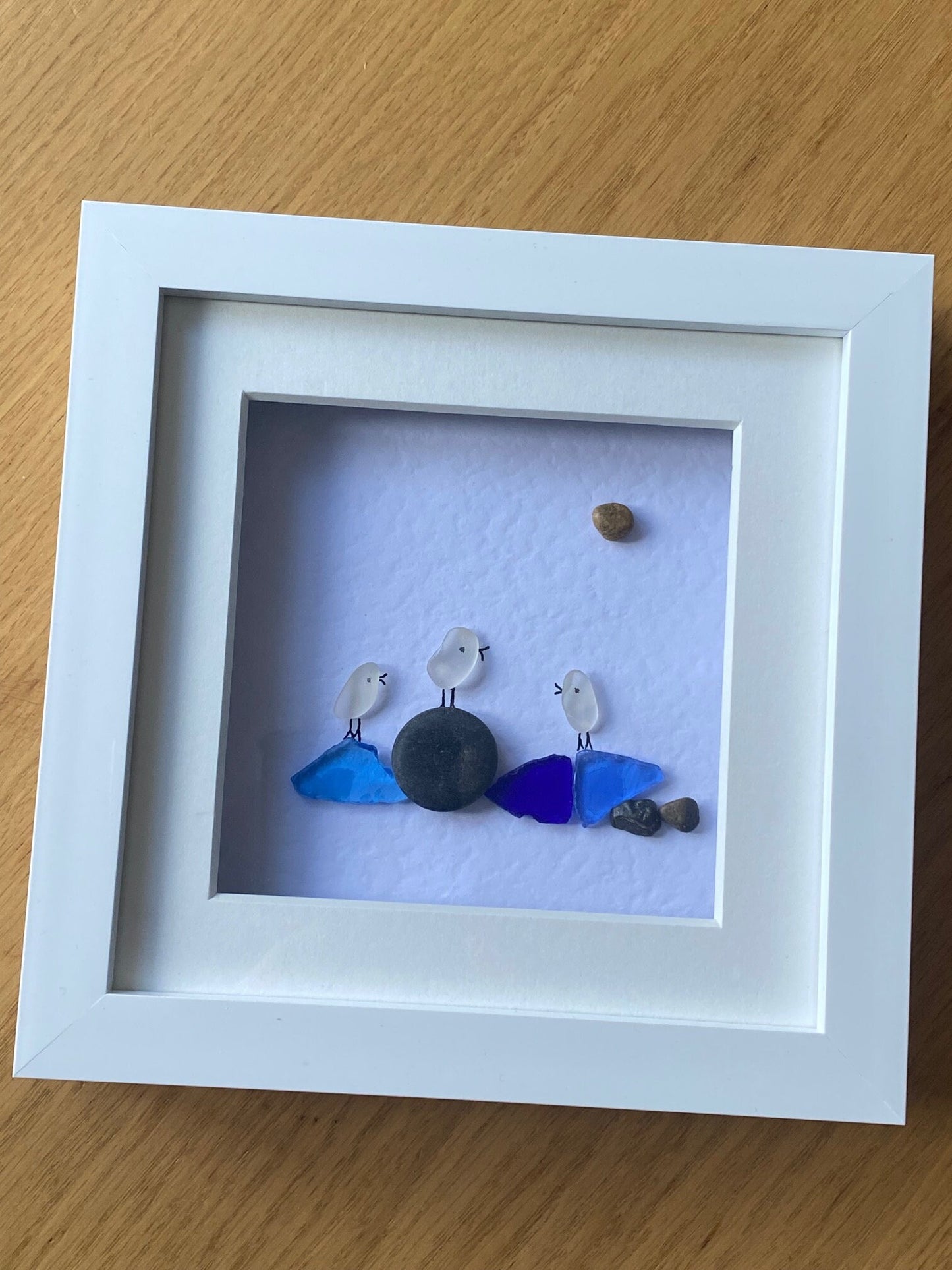Sea Glass Birds on Rocks, Personalised Sea Glass Birds Picture, Unique Sea Glass Birds Gift, Love Birds by the shore