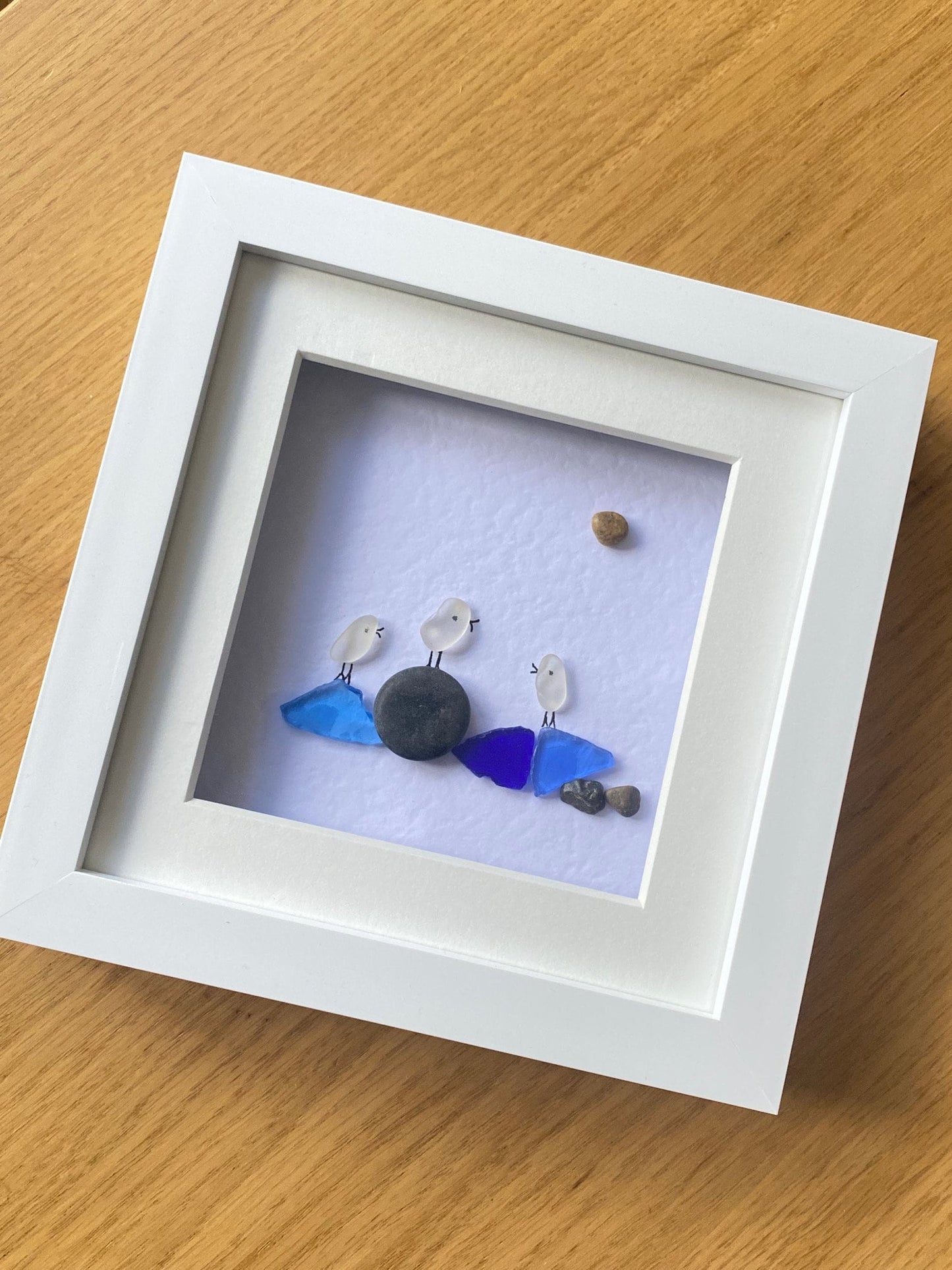 Sea Glass Birds on Rocks, Personalised Sea Glass Birds Picture, Unique Sea Glass Birds Gift, Love Birds by the shore