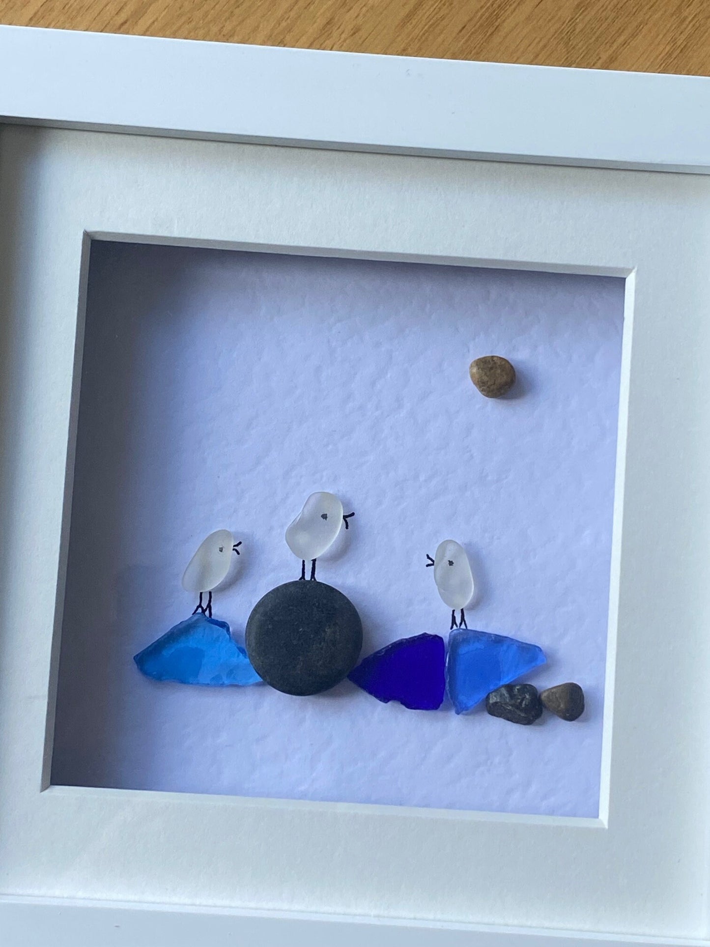 Sea Glass Birds on Rocks, Personalised Sea Glass Birds Picture, Unique Sea Glass Birds Gift, Love Birds by the shore