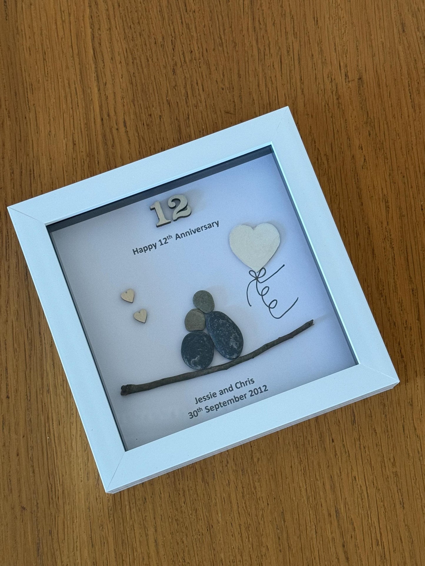 Silk Wedding Anniversary Pebble Picture, 12th Anniversary gift for wife, Personalised wedding gift for husband, pebble artwork, gift for her