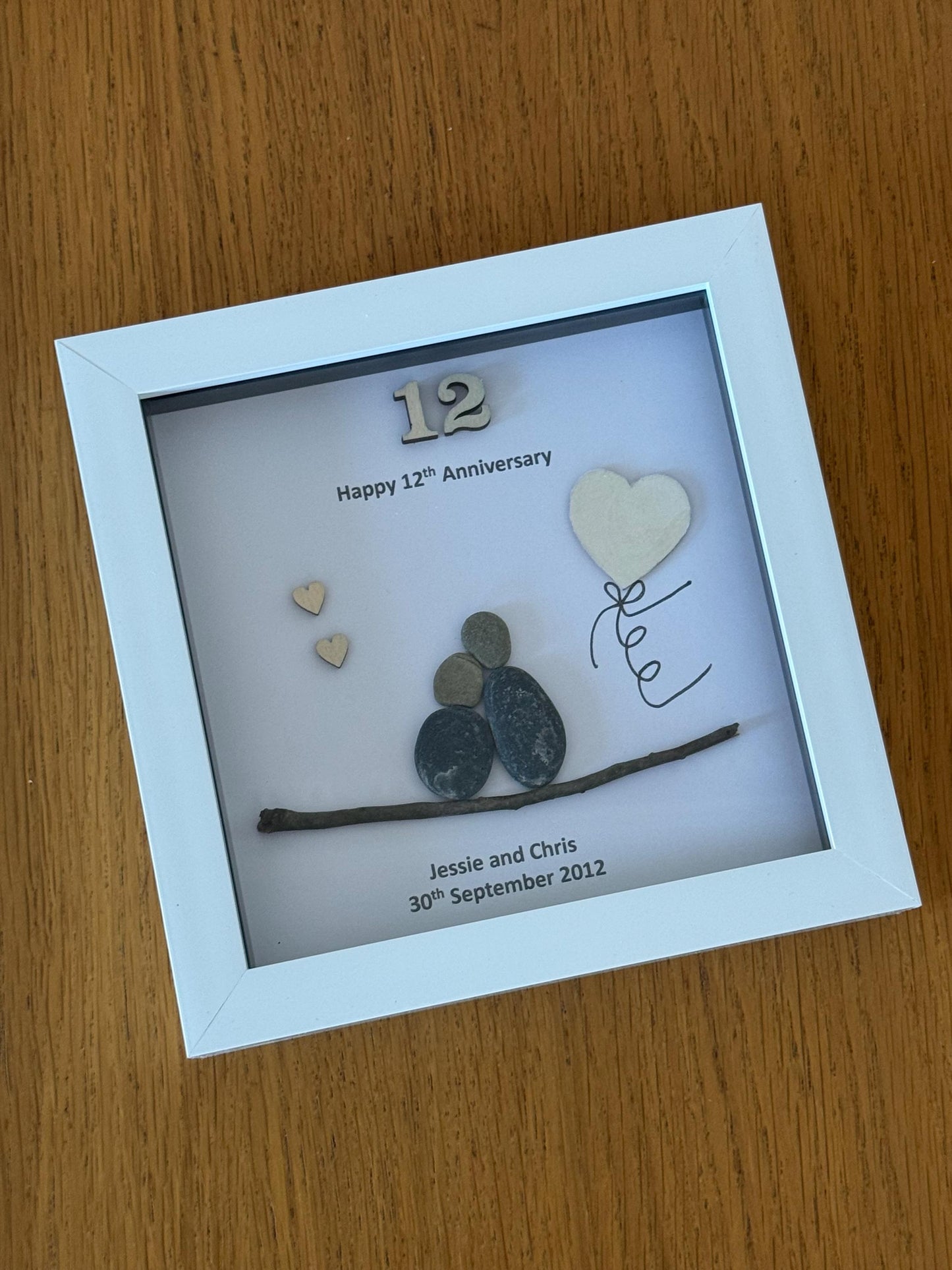 Silk Wedding Anniversary Pebble Picture, 12th Anniversary gift for wife, Personalised wedding gift for husband, pebble artwork, gift for her
