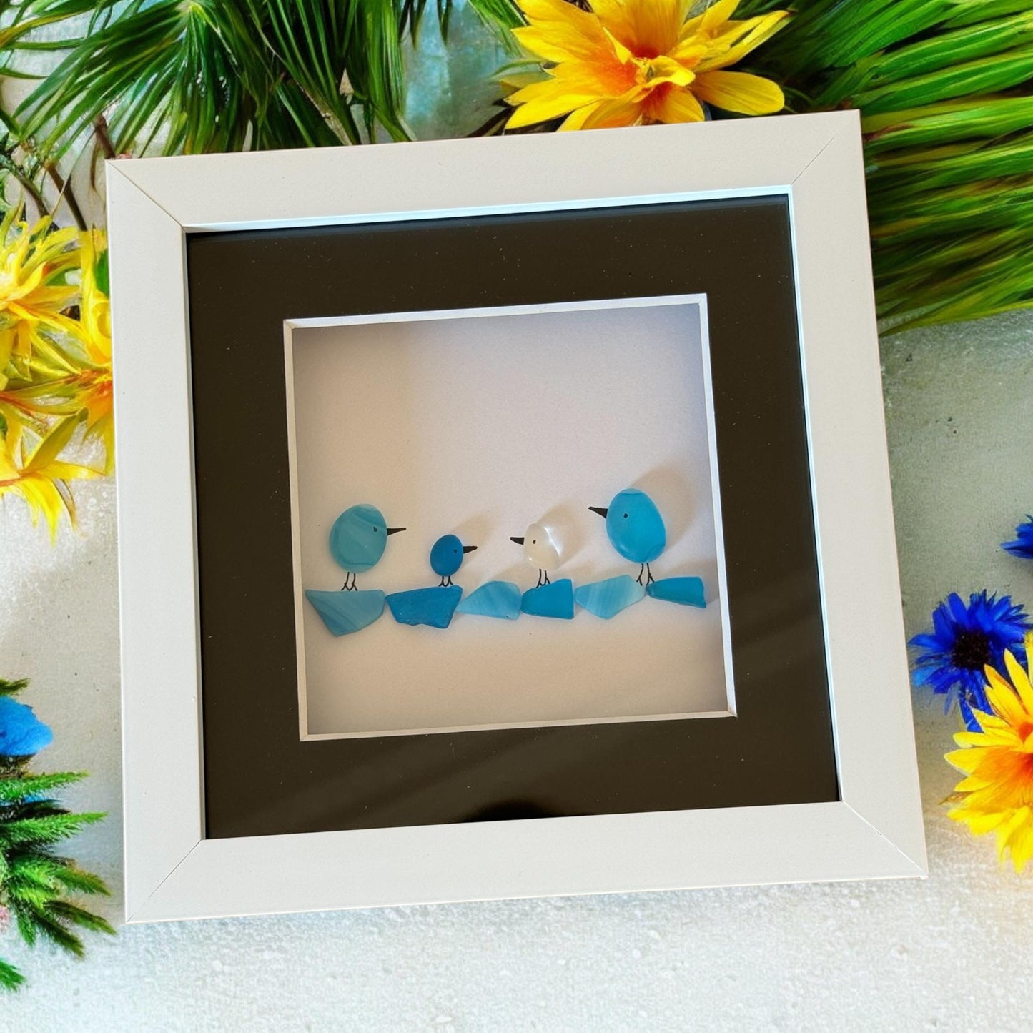 Personalised Family of Four Picture, Unique Fused Glass Gift, Fused Glass Birds Picture, Handmade Gift for a Family of Four, Family Gift