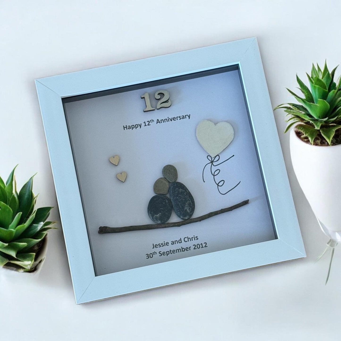 Silk Wedding Anniversary Pebble Picture, 12th Anniversary gift for wife, Personalised wedding gift for husband, pebble artwork, gift for her