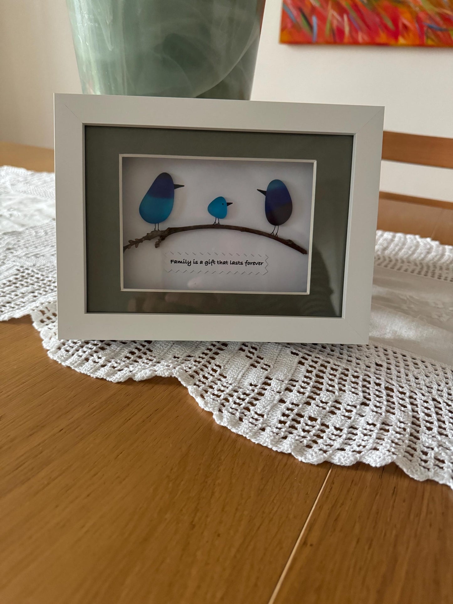 Personalised Fused Glass Family Picture, Unique Family Gift, Rainbow glass birds on a branch, Family of three gift, Gift for Mum and dad